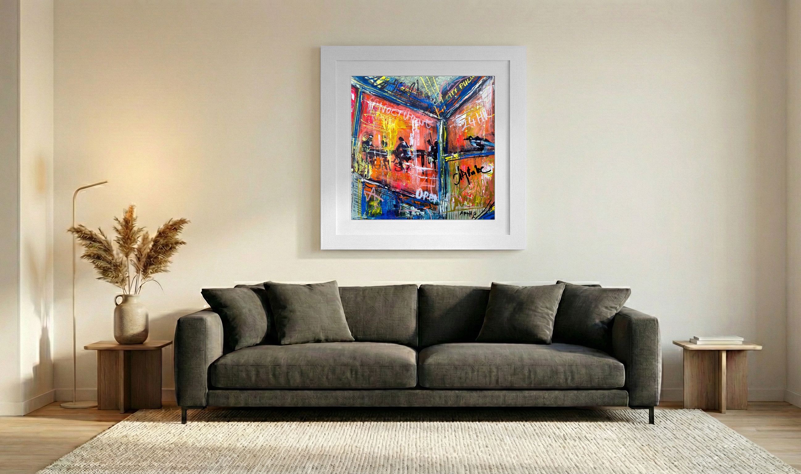 Bold Orange and Blue Acrylic on Cardboard — art on the wall, room interior preview 3