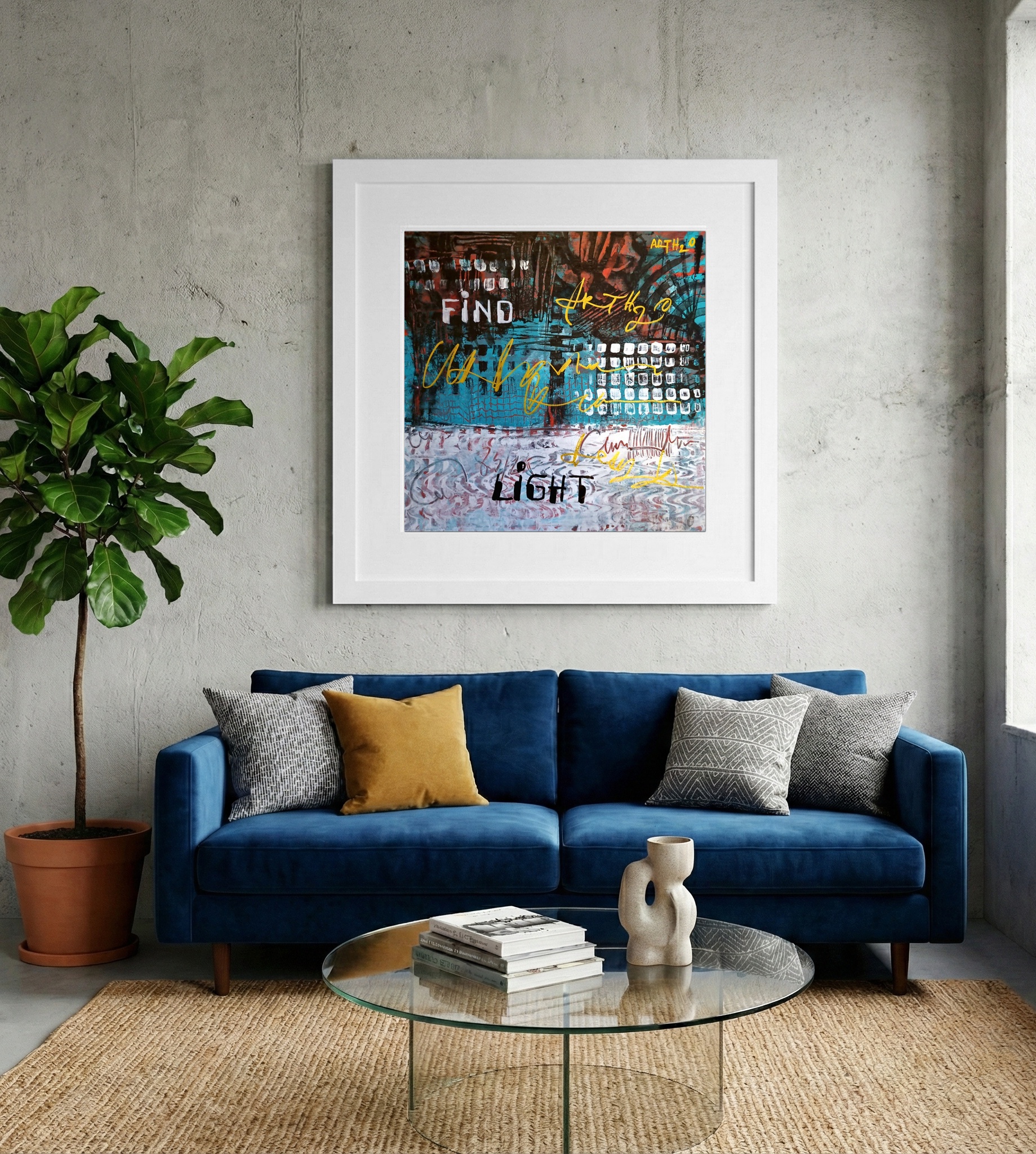 Turquoise and Gold Abstract on Cardboard — art on the wall, room interior preview 2