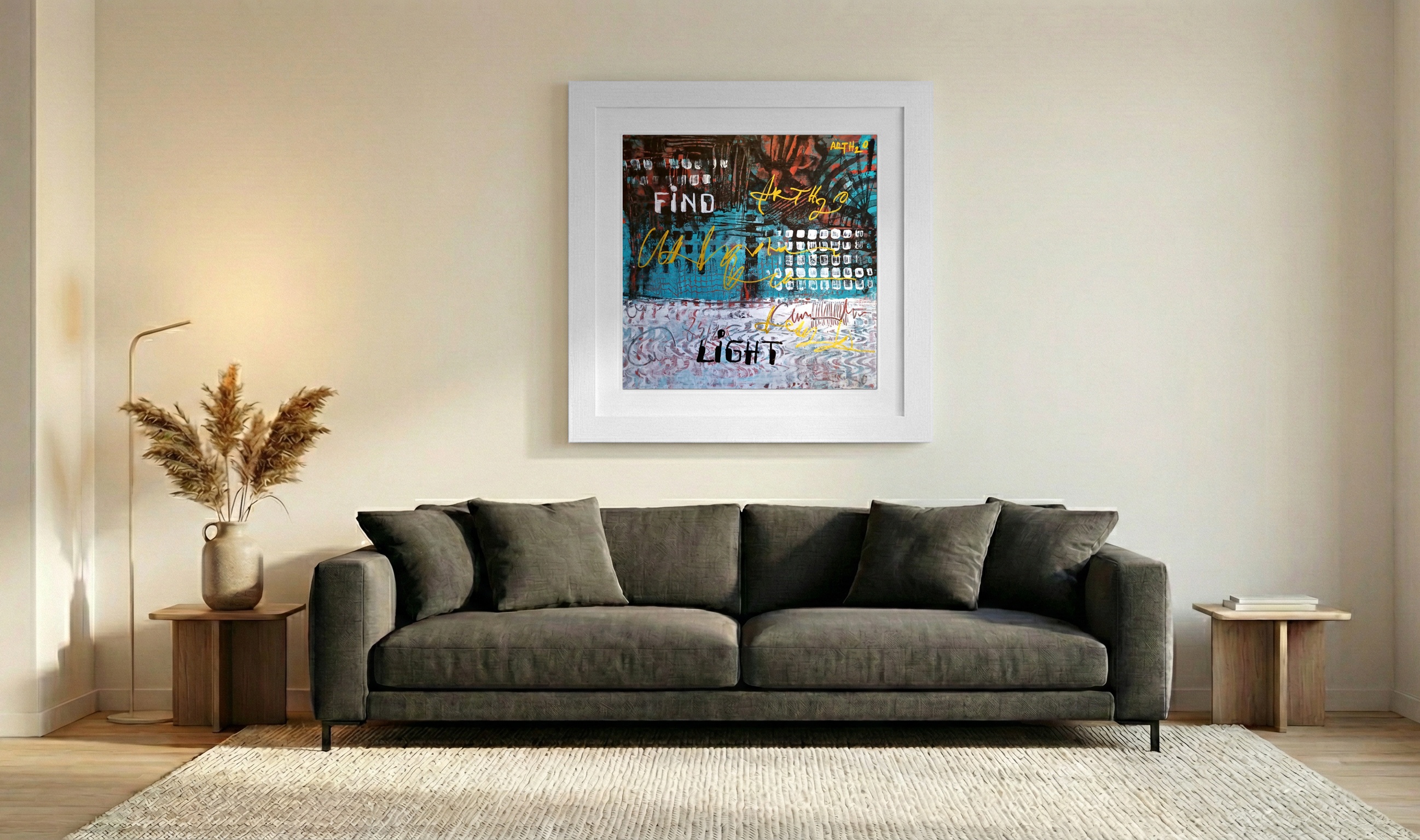 Turquoise and Gold Abstract on Cardboard — art on the wall, room interior preview 3