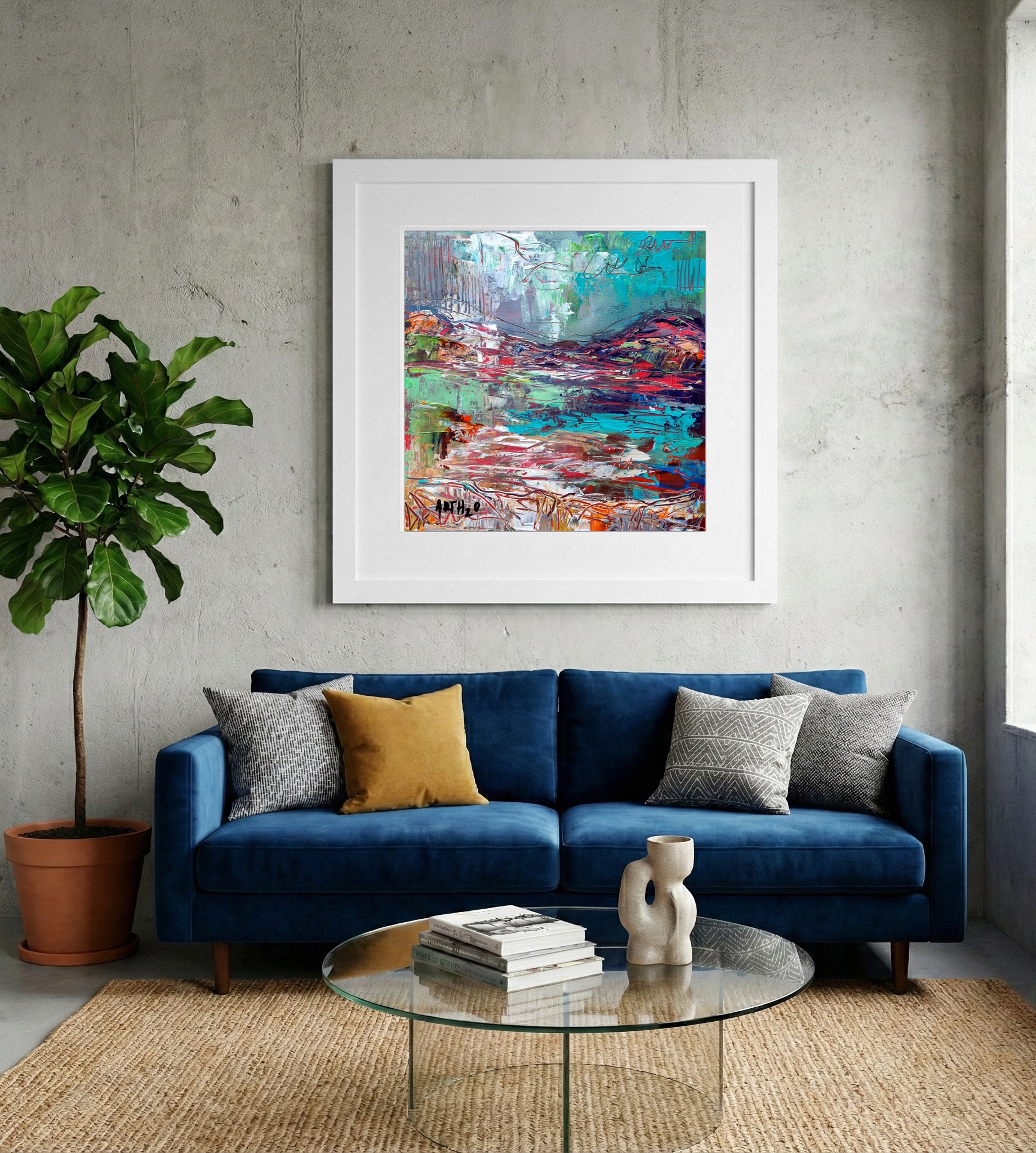 Turquoise and Crimson Irish Landscape — art on the wall, room interior preview 1