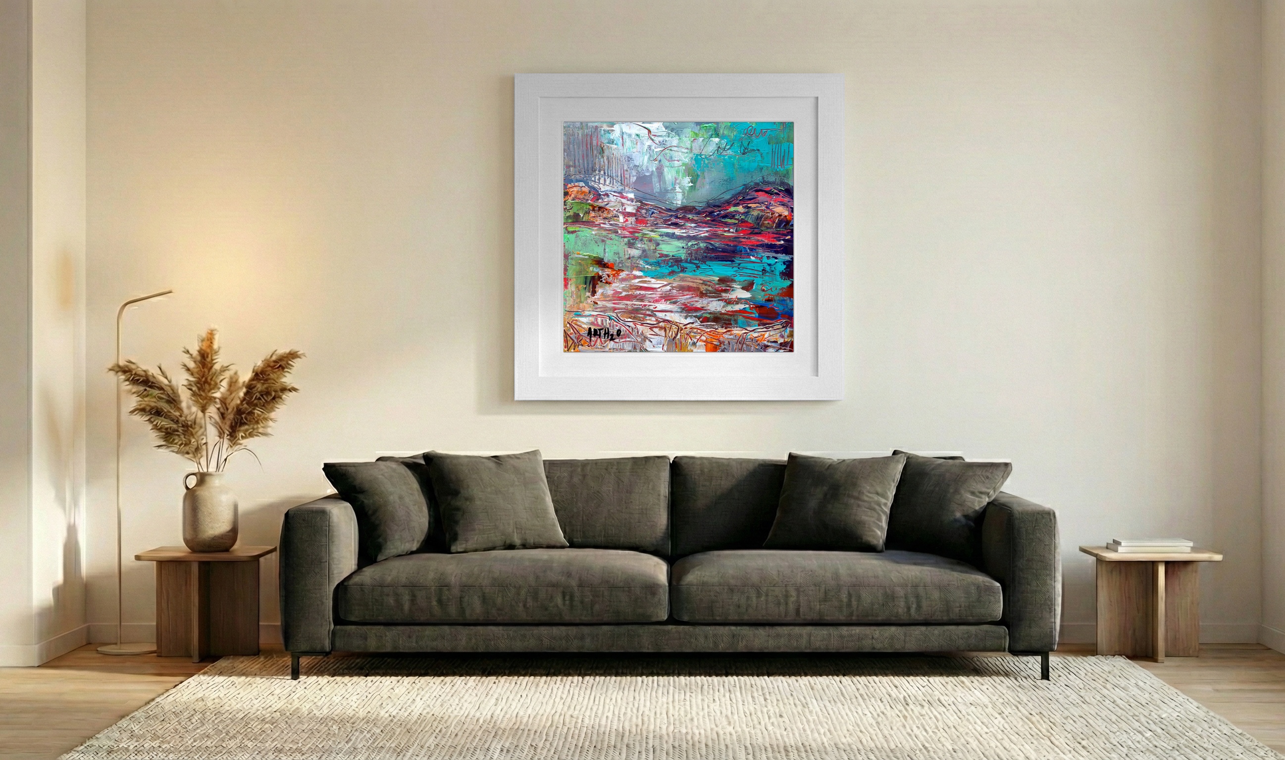 Turquoise and Crimson Irish Landscape — art on the wall, room interior preview 2