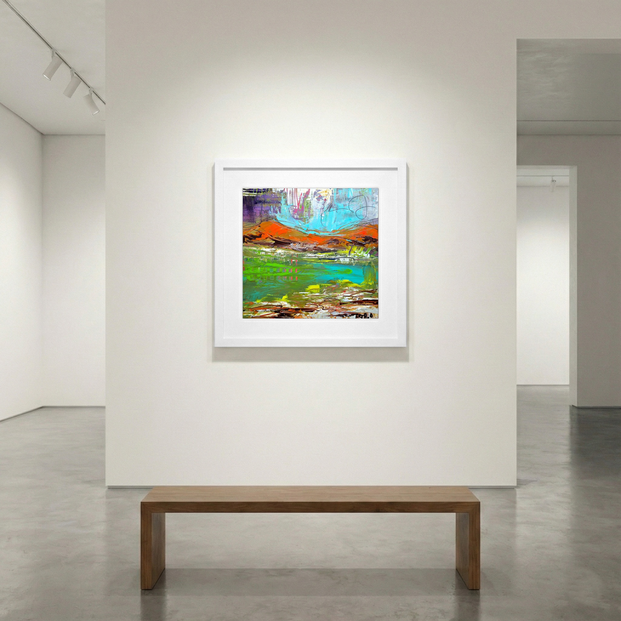 Turquoise and Orange Acrylic on Paper Landscape — art on the wall, room interior preview 1
