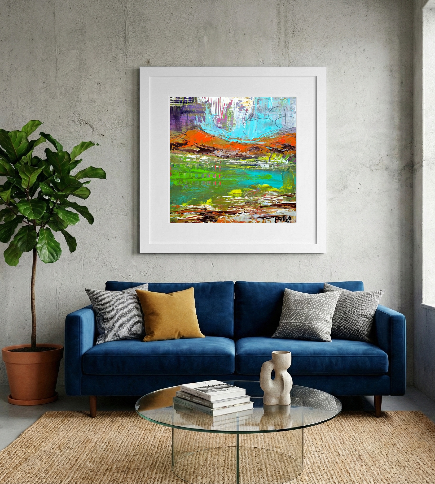 Turquoise and Orange Acrylic on Paper Landscape — art on the wall, room interior preview 2