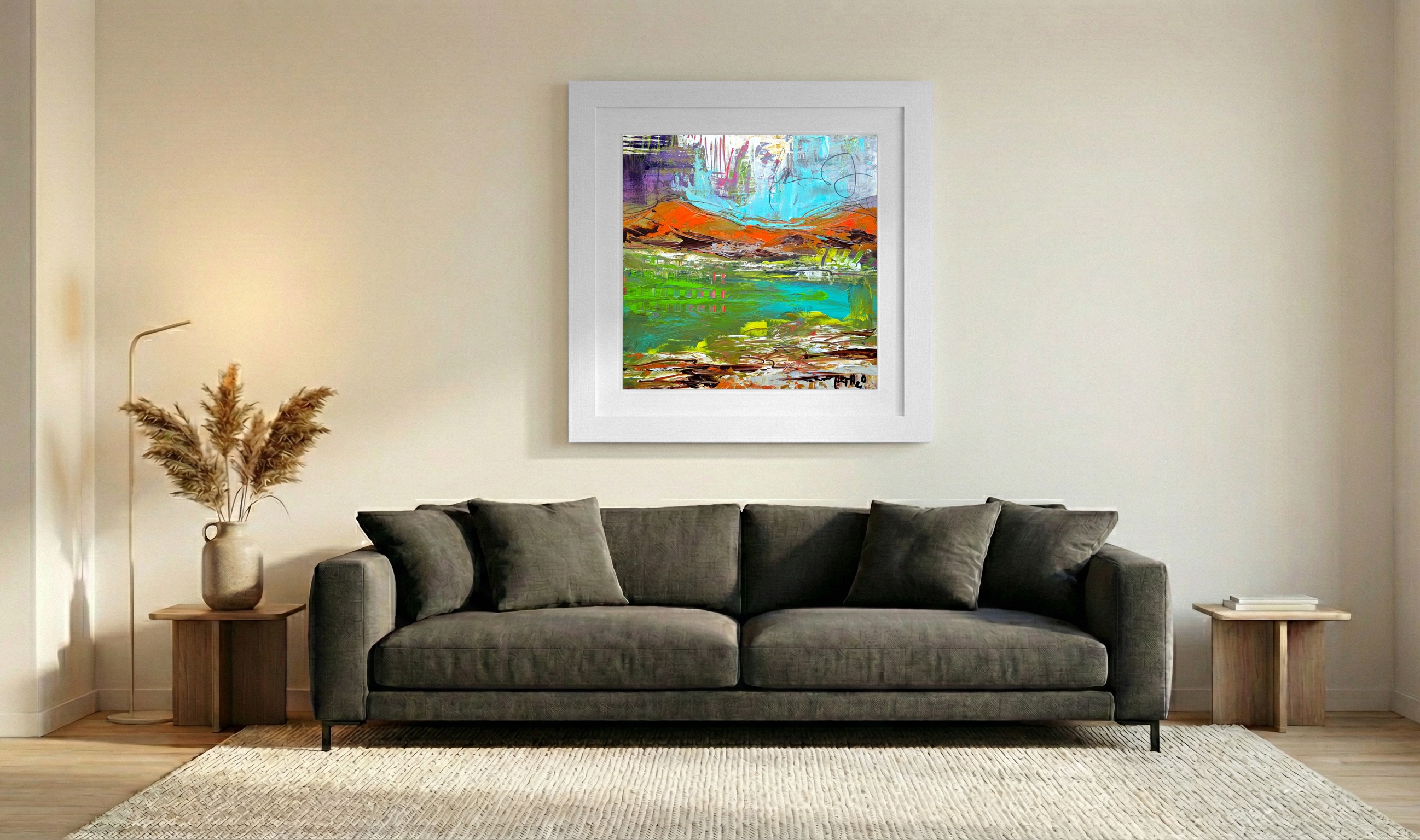 Turquoise and Orange Acrylic on Paper Landscape — art on the wall, room interior preview 3
