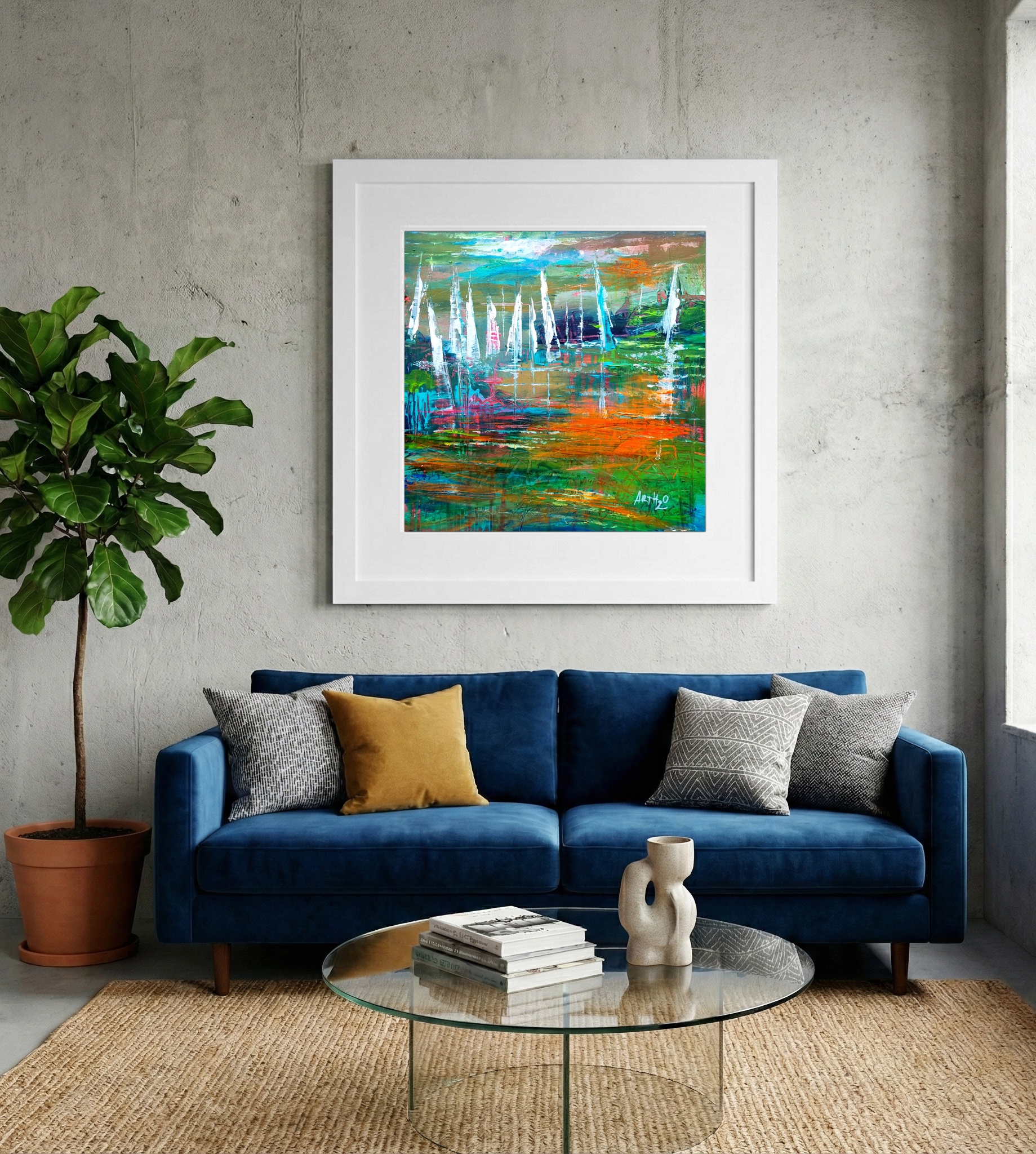 Emerald Green and Sandy Beige Seascape — art on the wall, room interior preview 2
