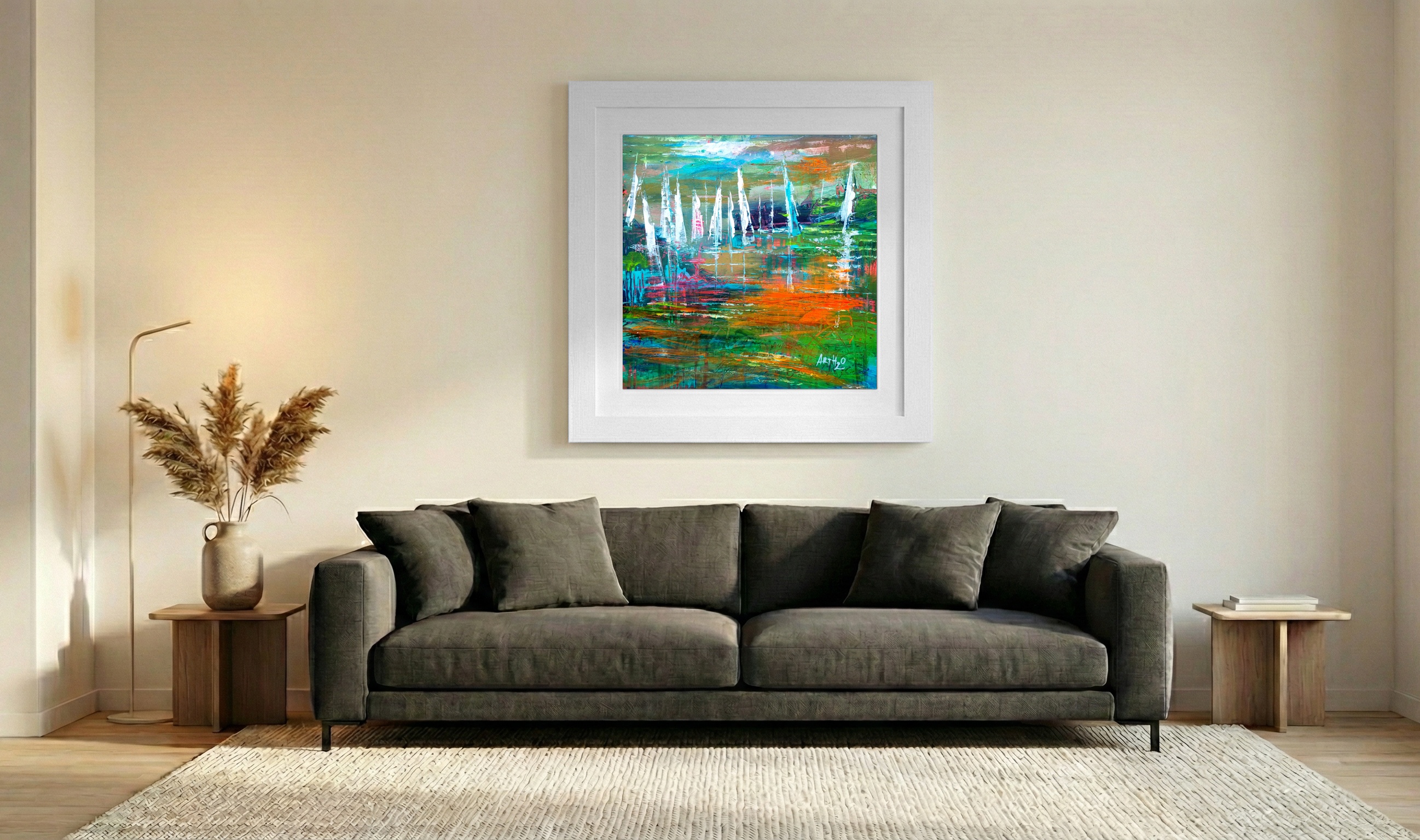 Emerald Green and Sandy Beige Seascape — art on the wall, room interior preview 3