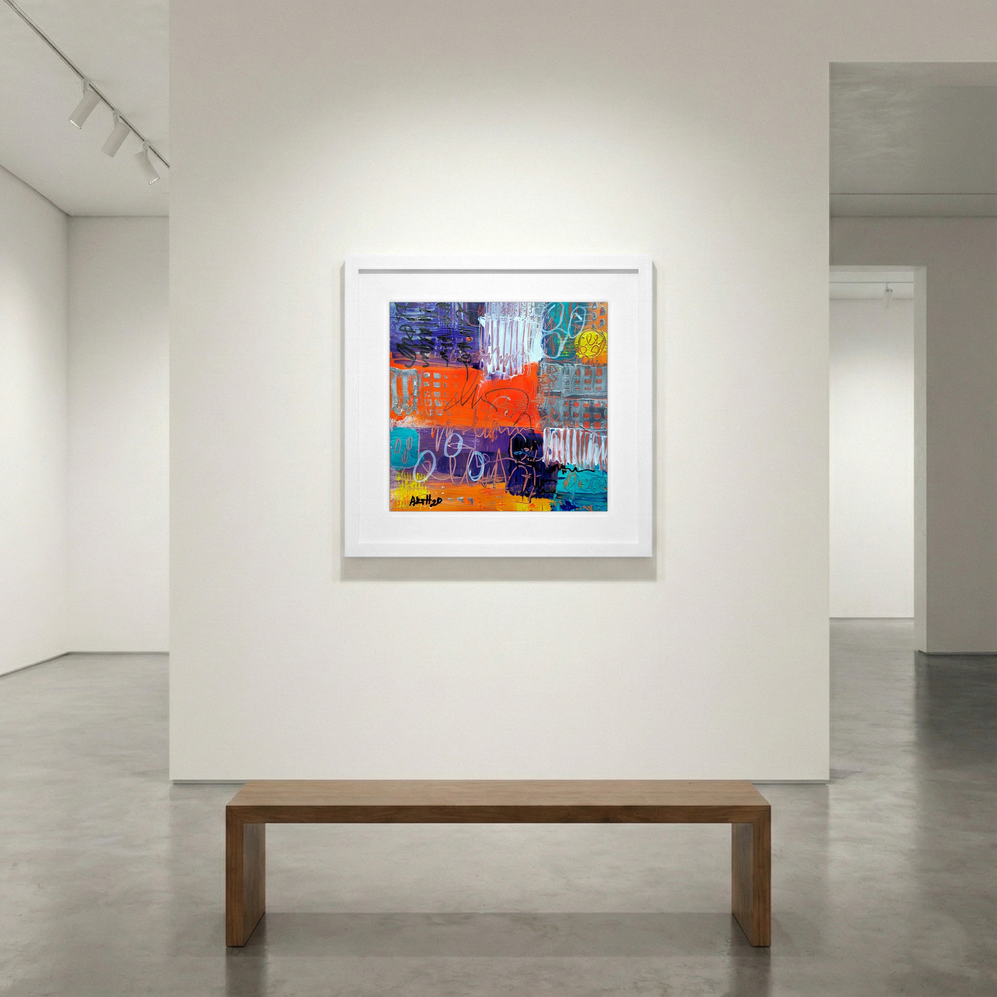 Joyful Orange and Deep Blue Abstract — art on the wall, room interior preview 1