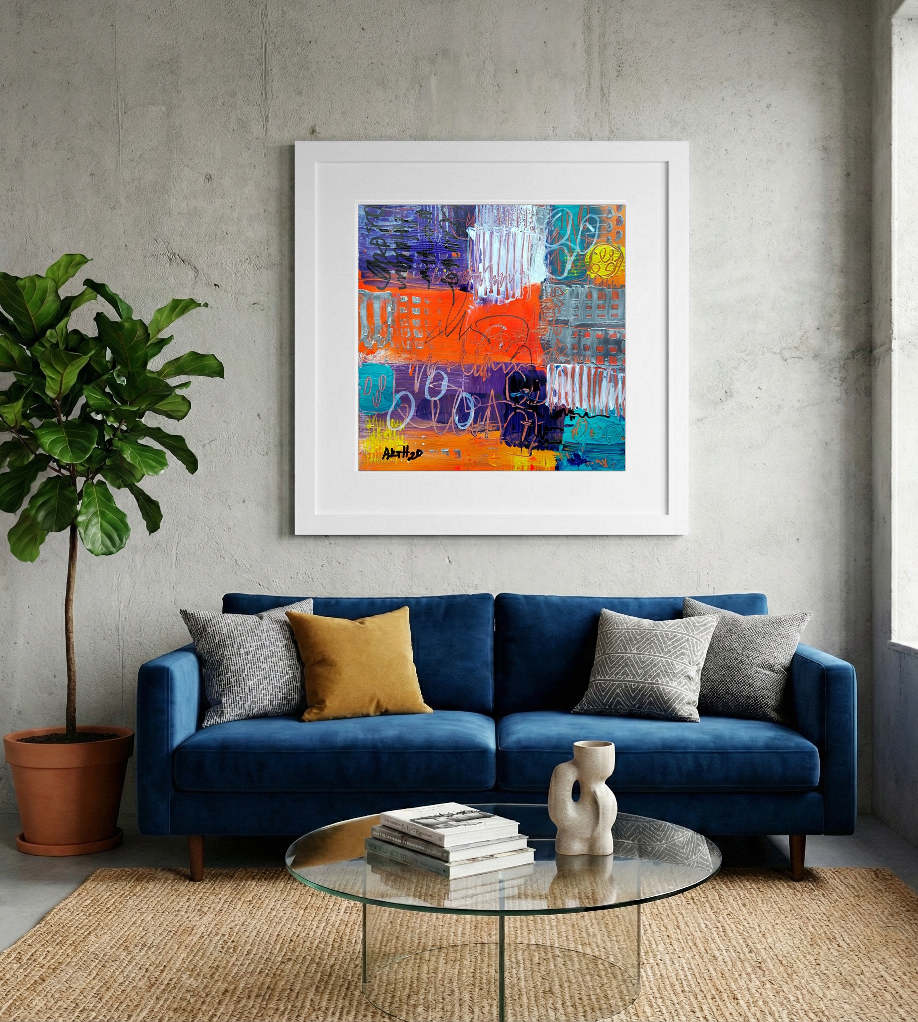 Joyful Orange and Deep Blue Abstract — art on the wall, room interior preview 2