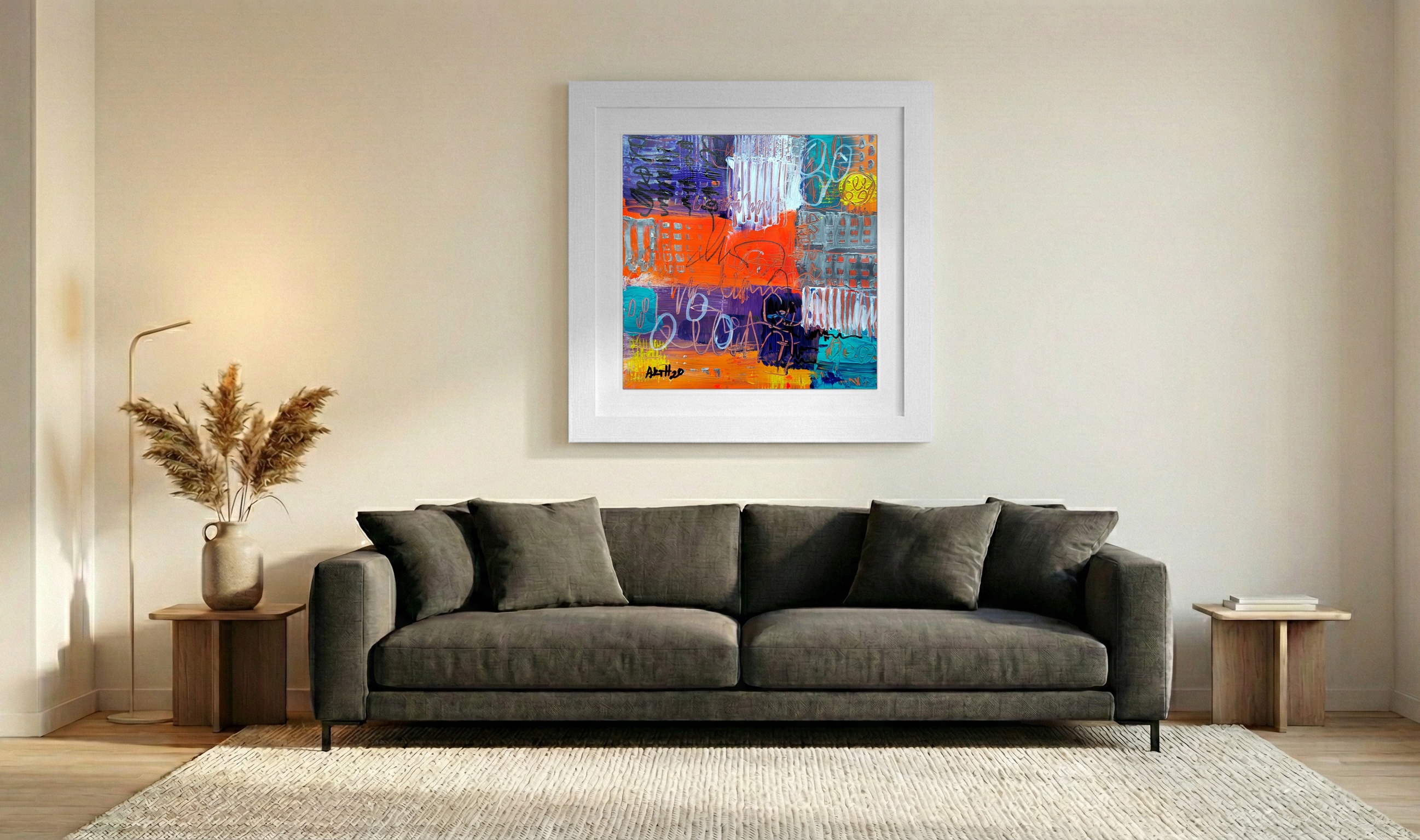 Joyful Orange and Deep Blue Abstract — art on the wall, room interior preview 3