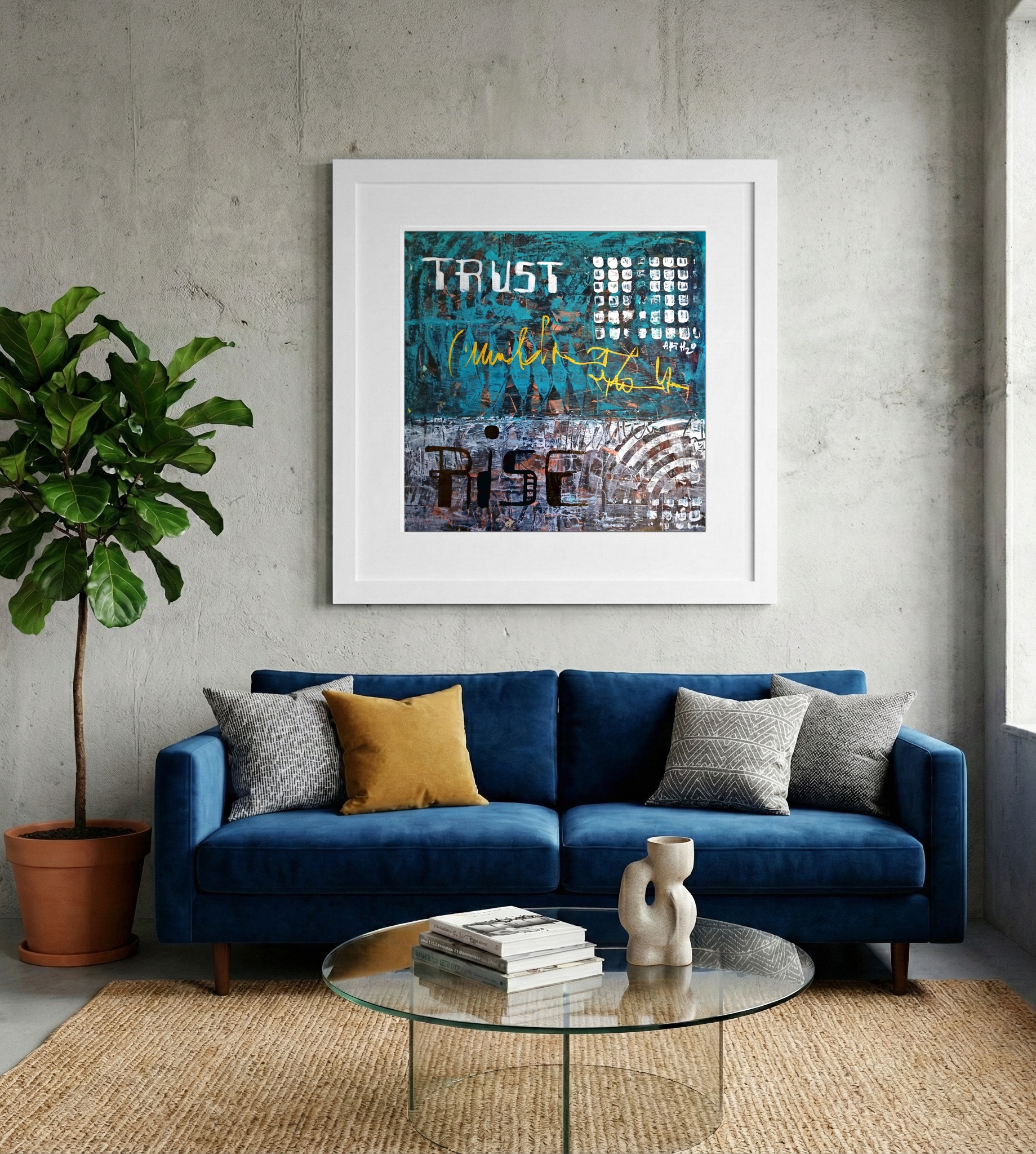 Teal and Gold Acrylic Inspiration on Paper — art on the wall, room interior preview 2