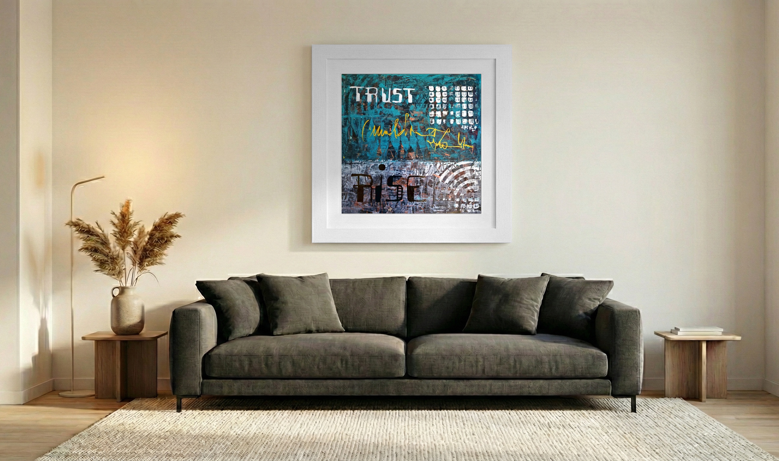 Teal and Gold Acrylic Inspiration on Paper — art on the wall, room interior preview 3