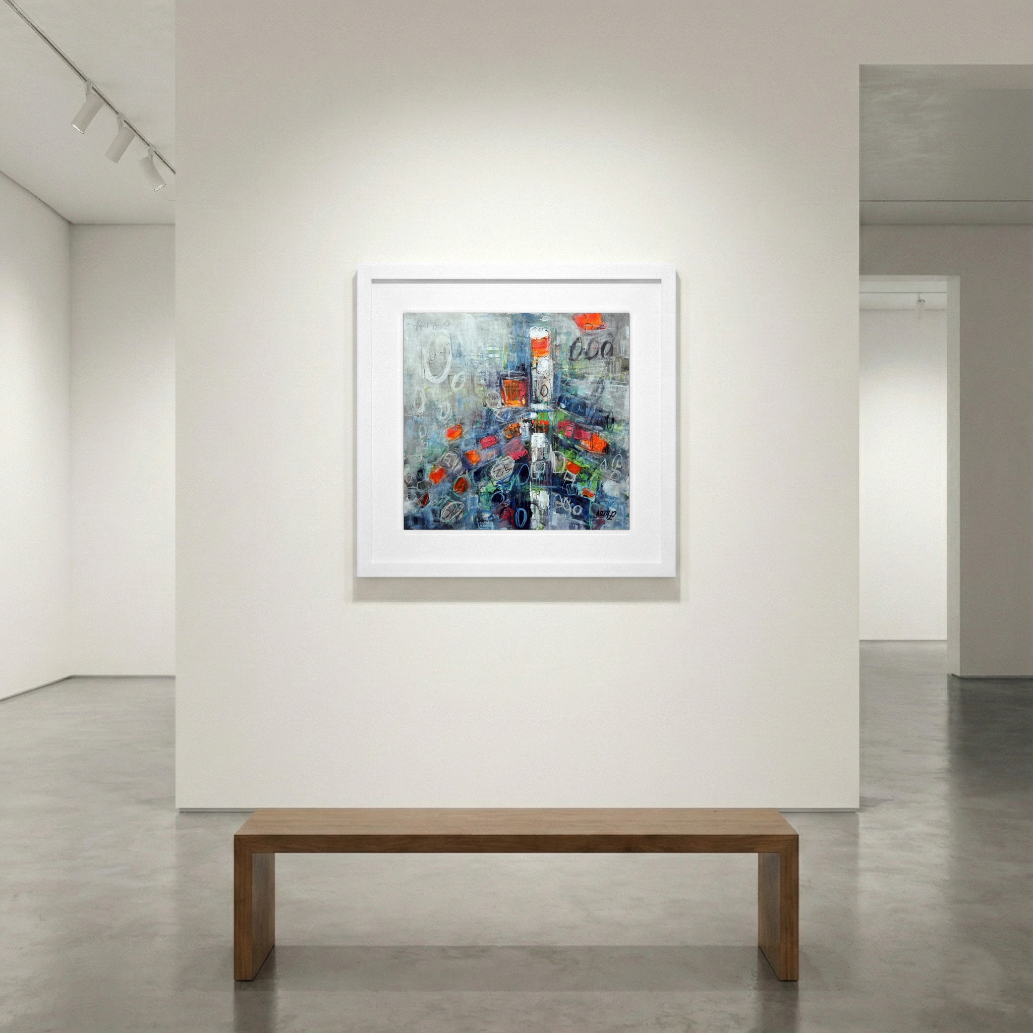 Vibrant Orange and Blue Abstract Composition — art on the wall, room interior preview 1