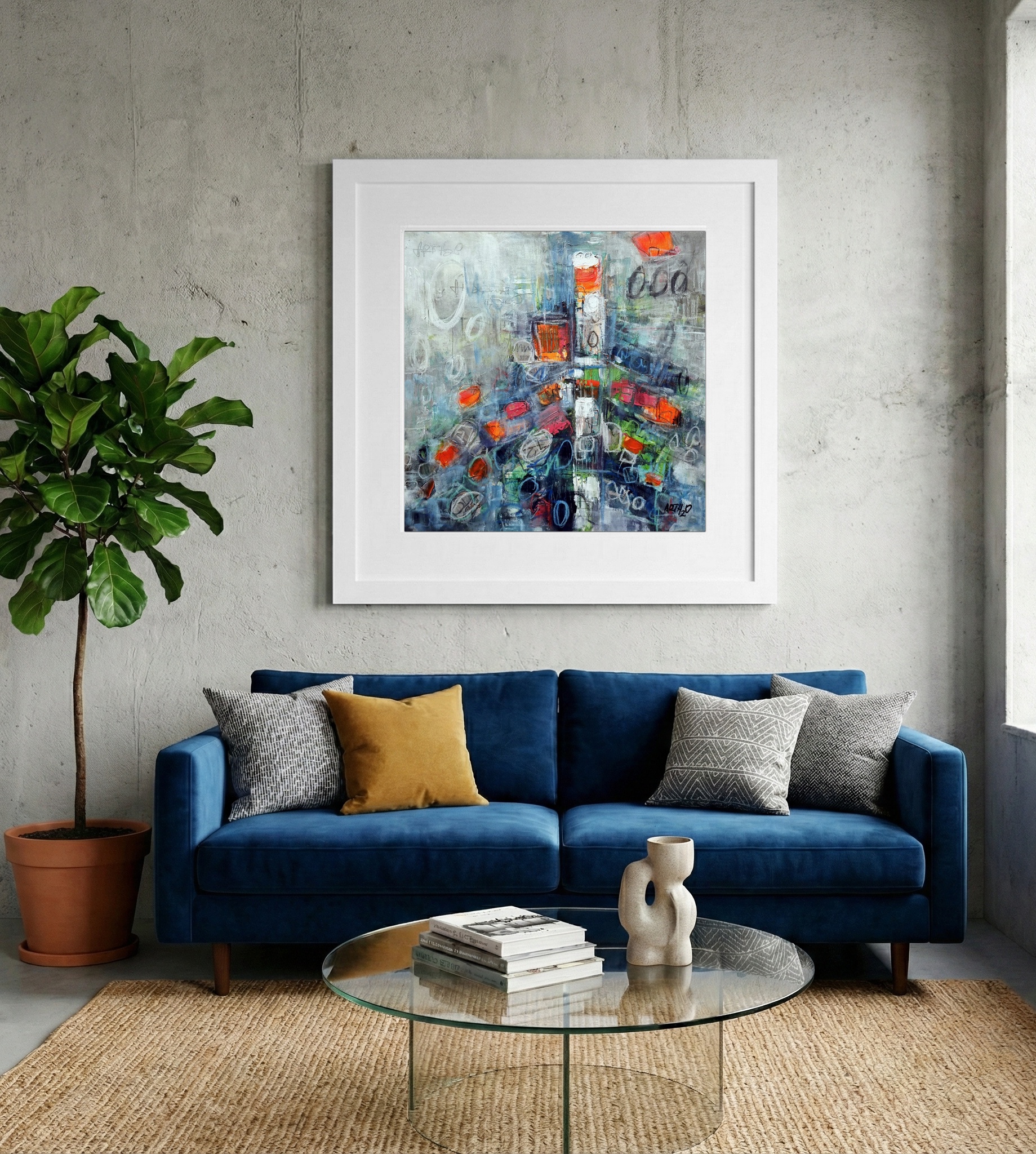 Vibrant Orange and Blue Abstract Composition — art on the wall, room interior preview 2