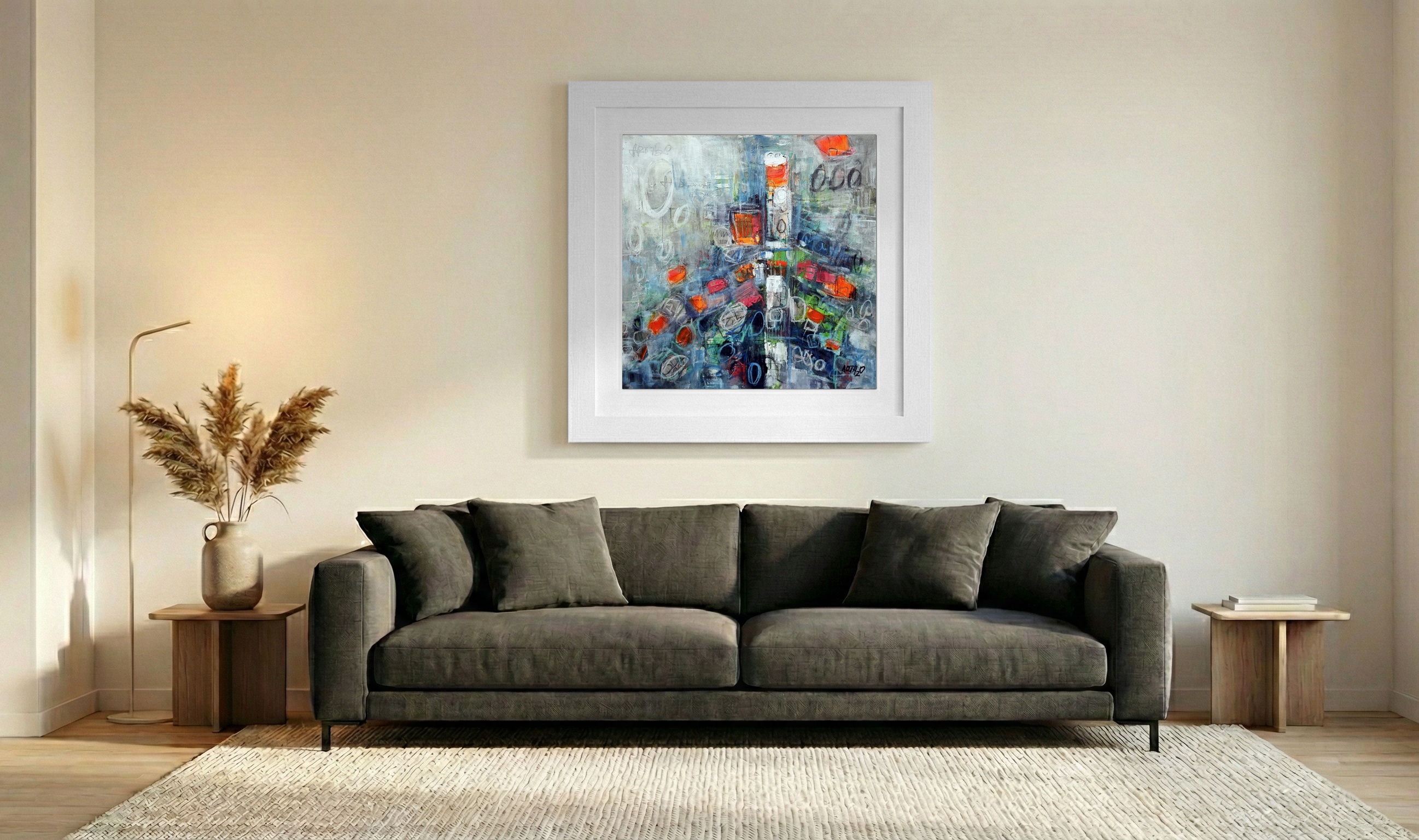 Vibrant Orange and Blue Abstract Composition — art on the wall, room interior preview 3