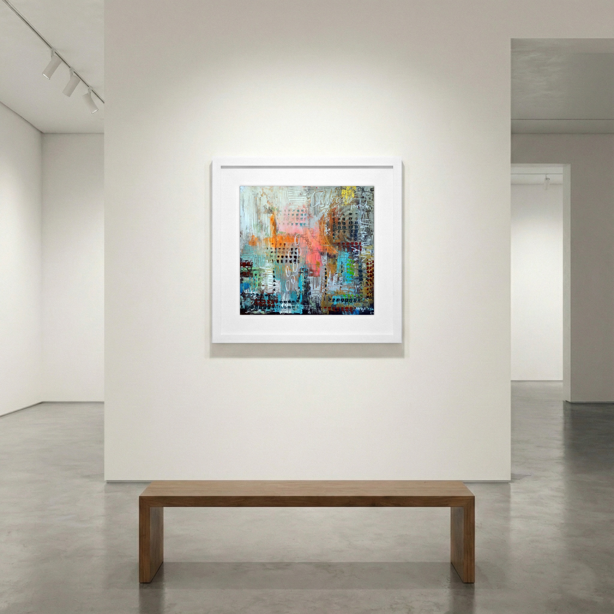 Layered Teal and Orange Urban Abstract — art on the wall, room interior preview 1