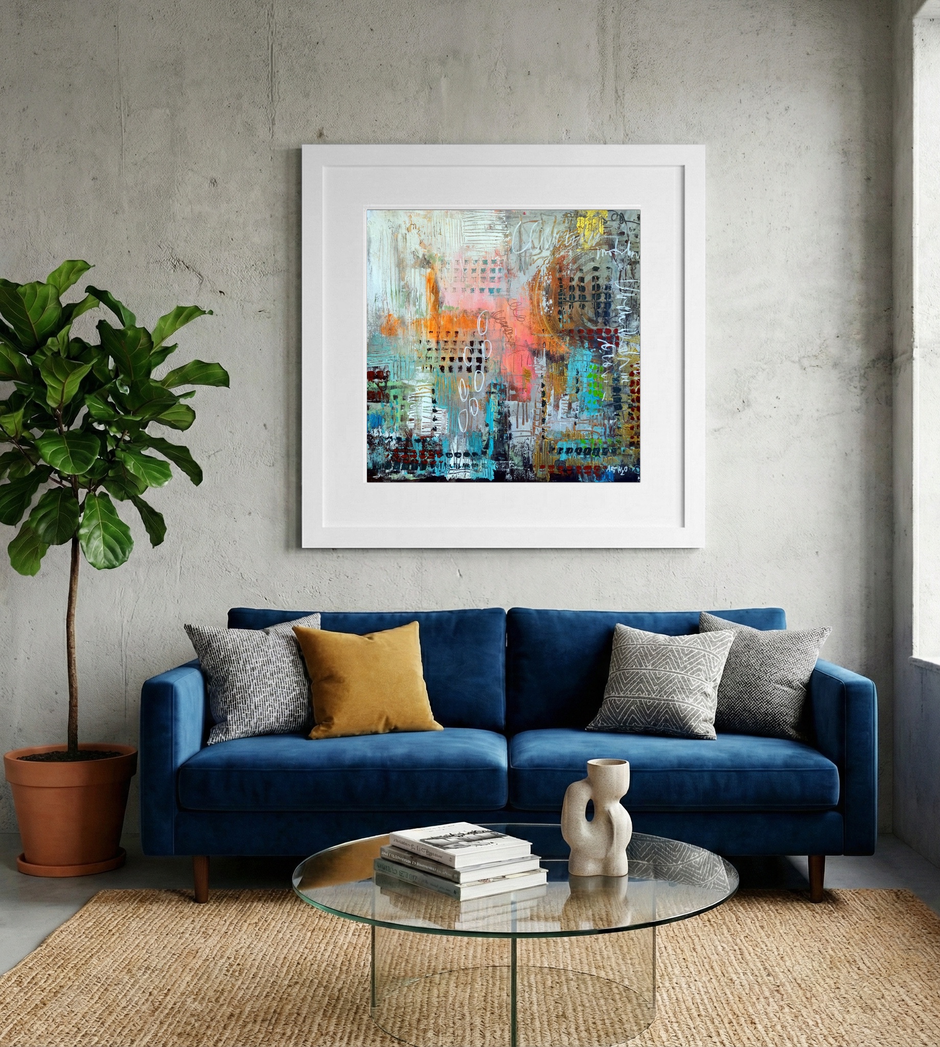Layered Teal and Orange Urban Abstract — art on the wall, room interior preview 2