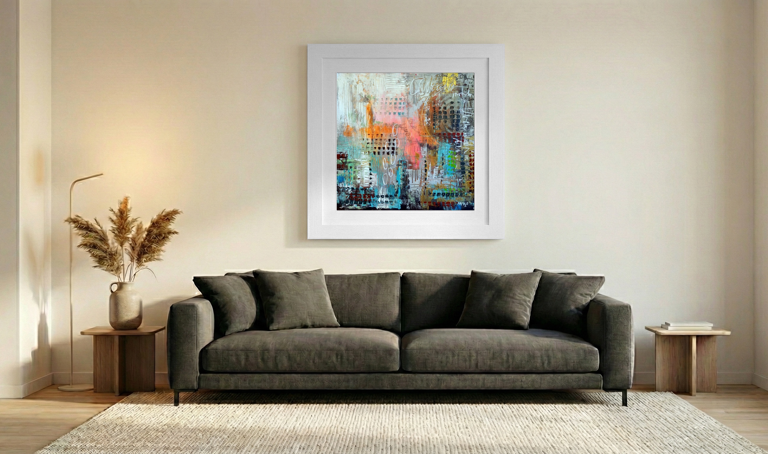 Layered Teal and Orange Urban Abstract — art on the wall, room interior preview 3