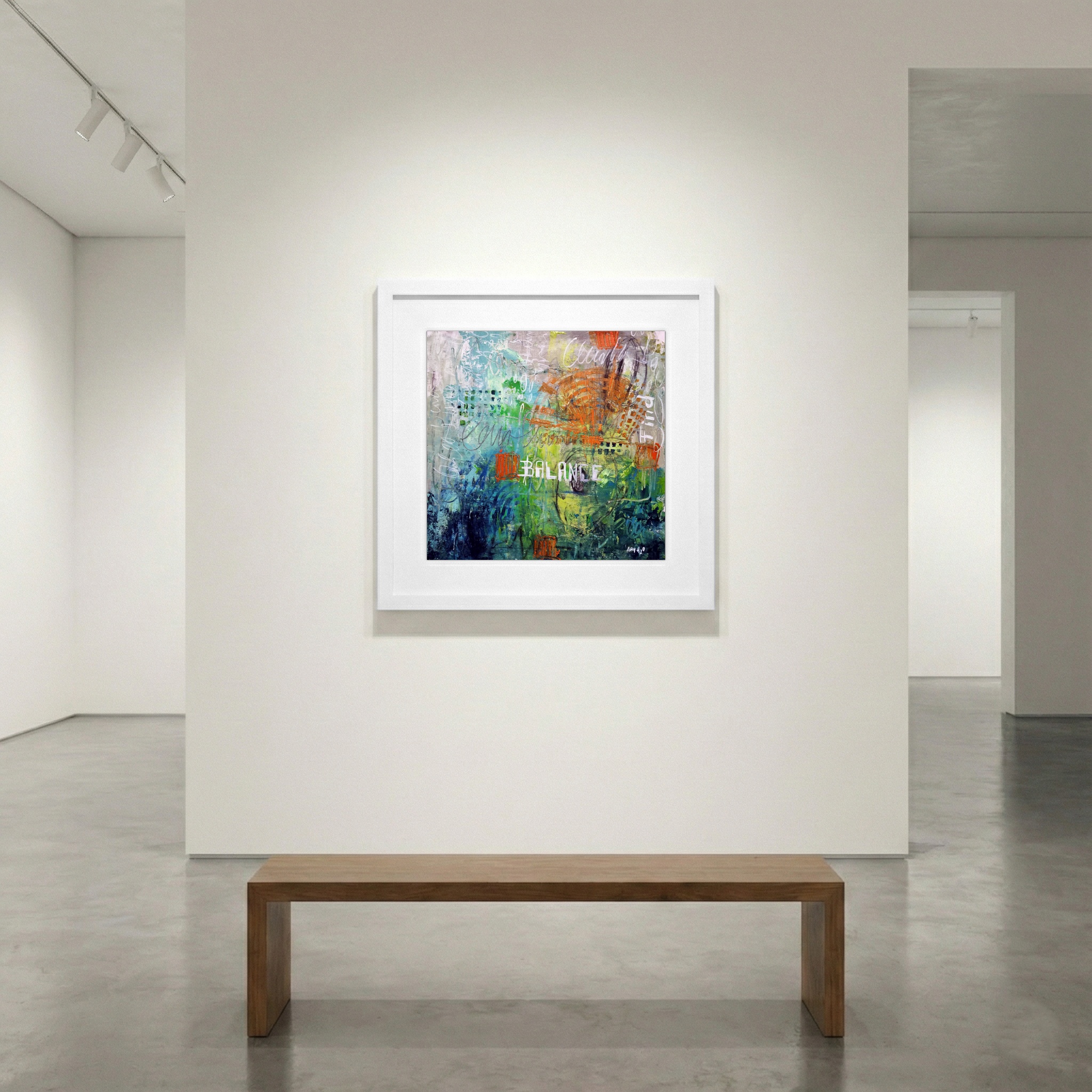 Green and Orange Balance on Linen Canvas — art on the wall, room interior preview 1