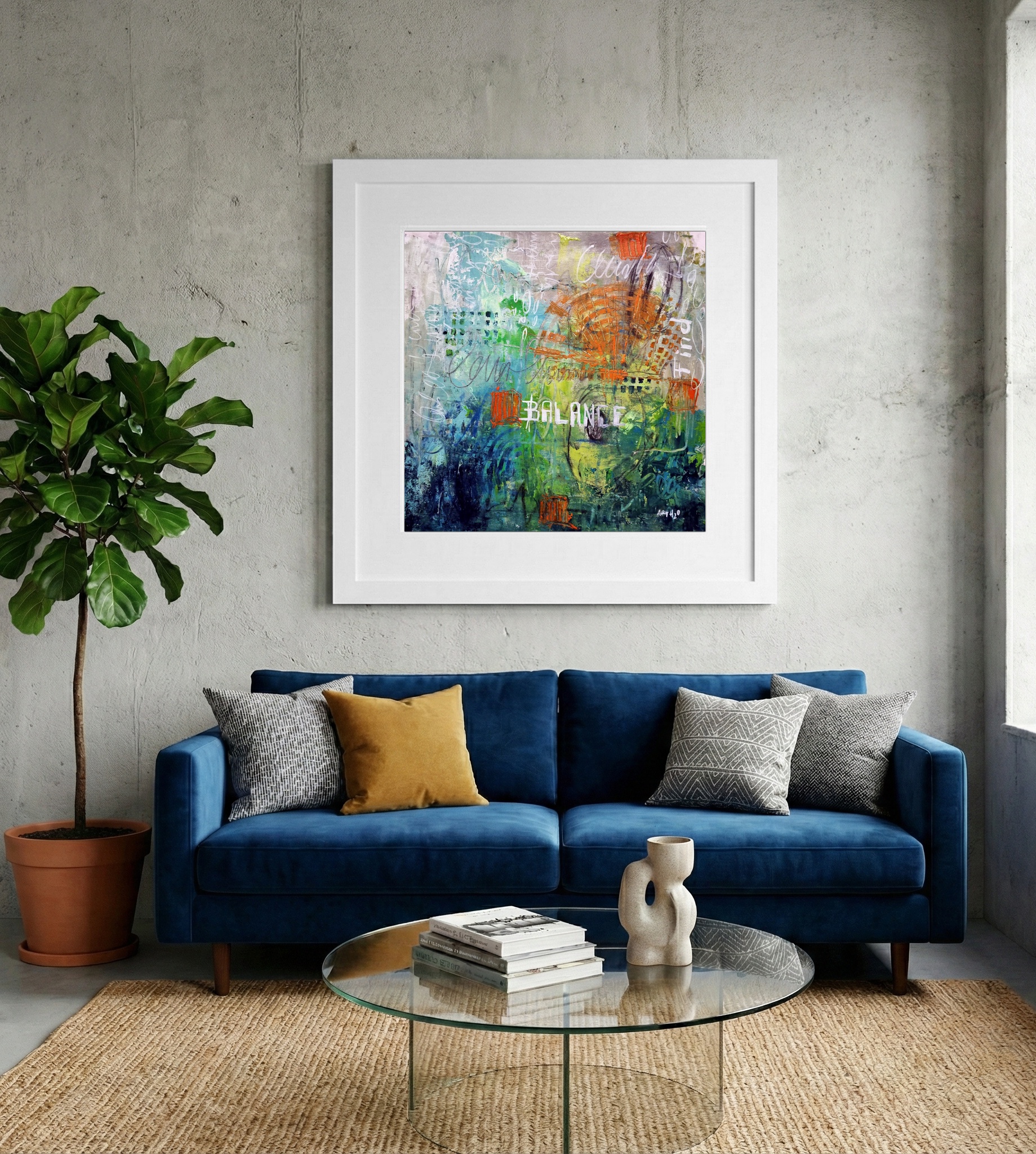 Green and Orange Balance on Linen Canvas — art on the wall, room interior preview 2