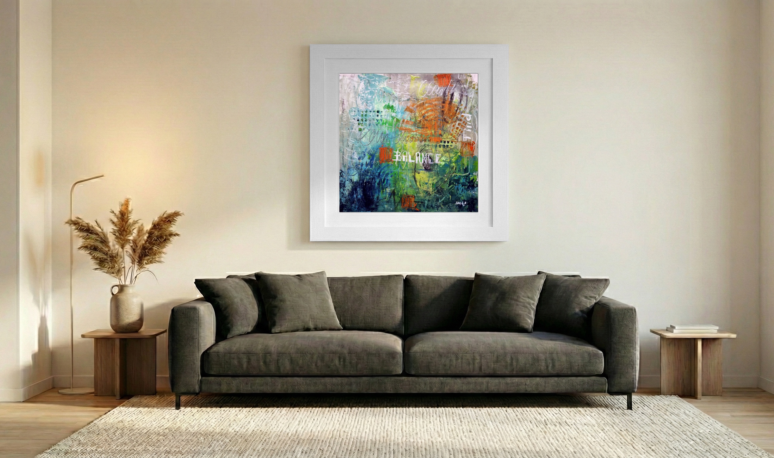 Green and Orange Balance on Linen Canvas — art on the wall, room interior preview 3