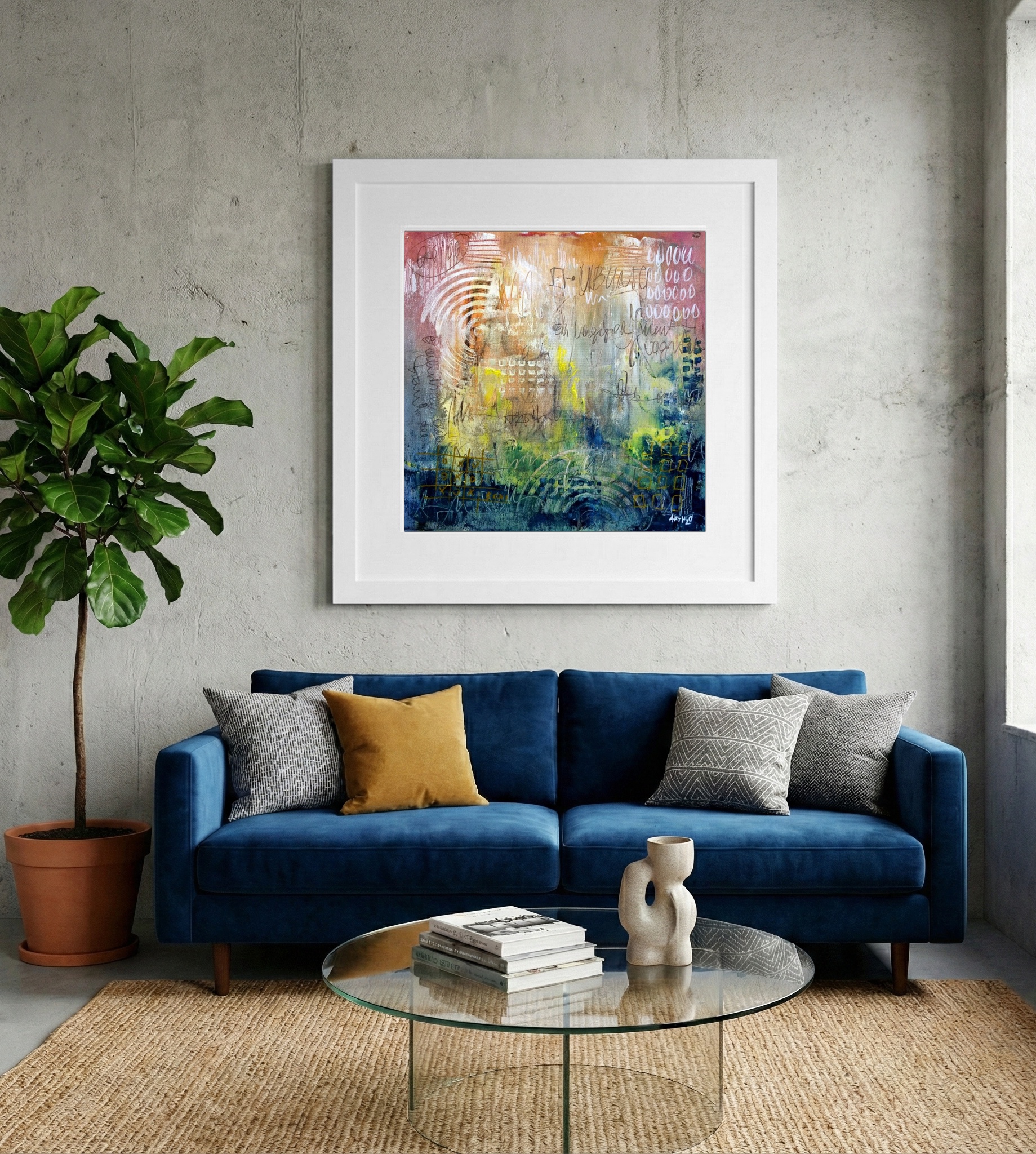 Ochre and Green Harmony on Paper — art on the wall, room interior preview 2