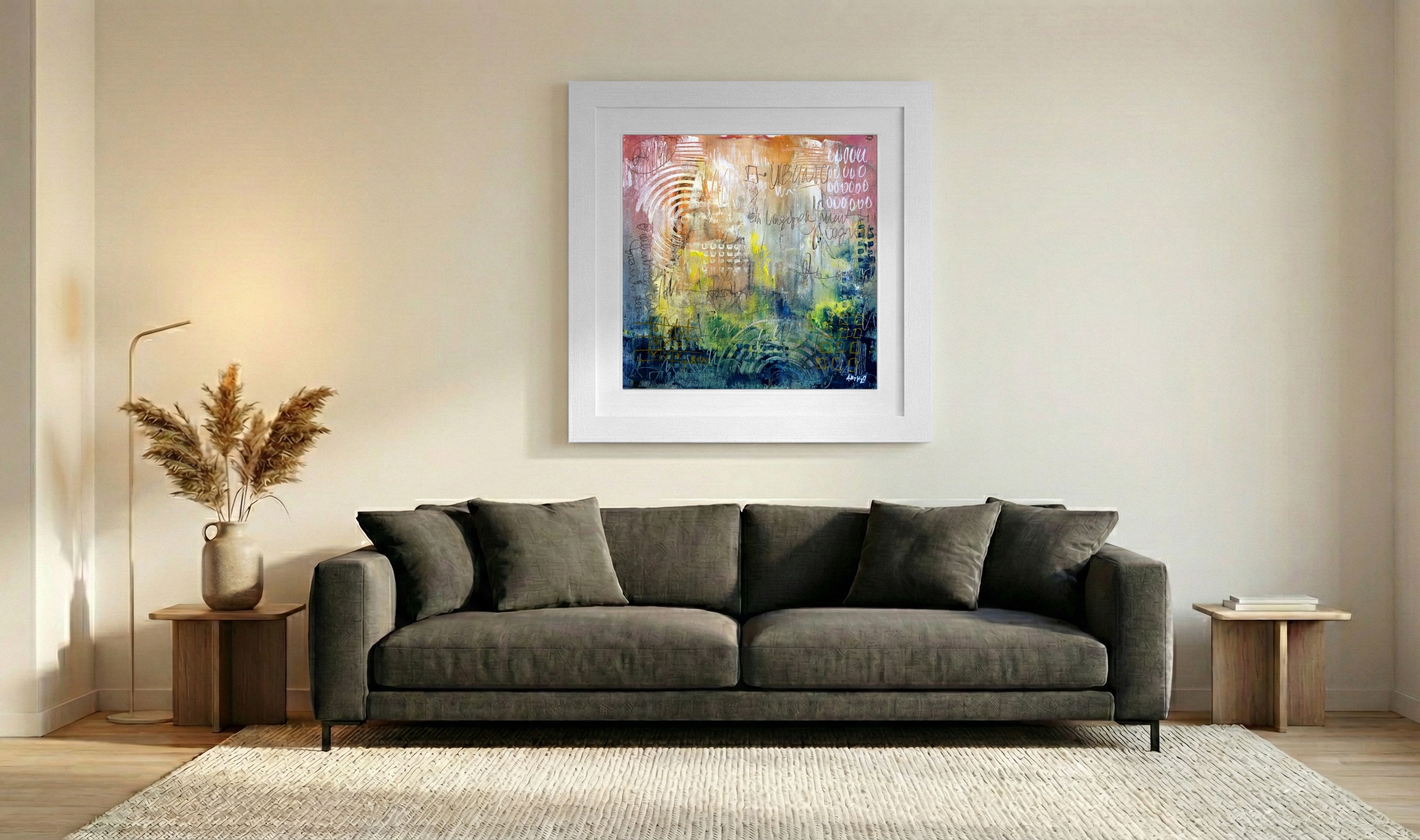 Ochre and Green Harmony on Paper — art on the wall, room interior preview 3