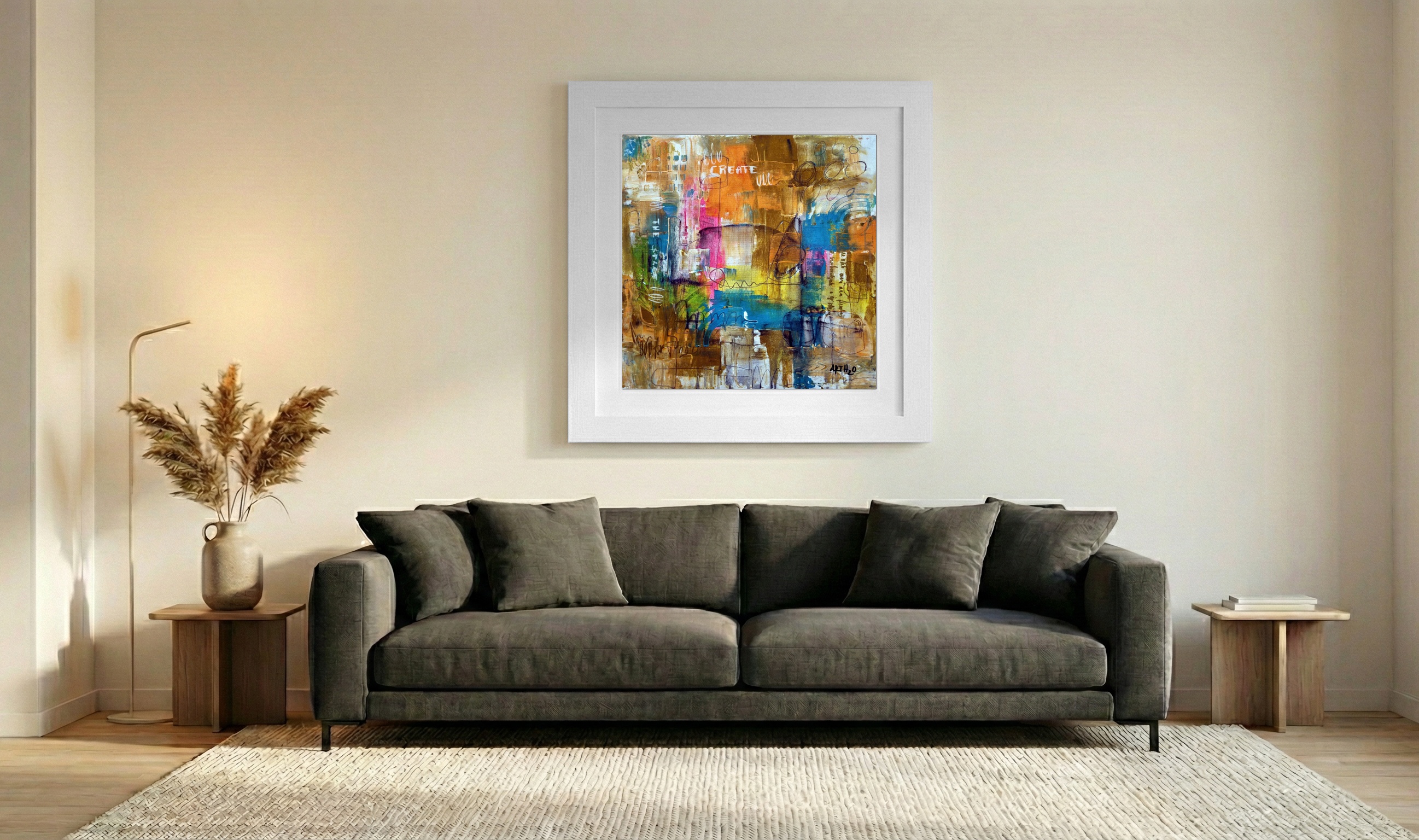 Golden Orange Acrylic Burst on Canvas — art on the wall, room interior preview 3