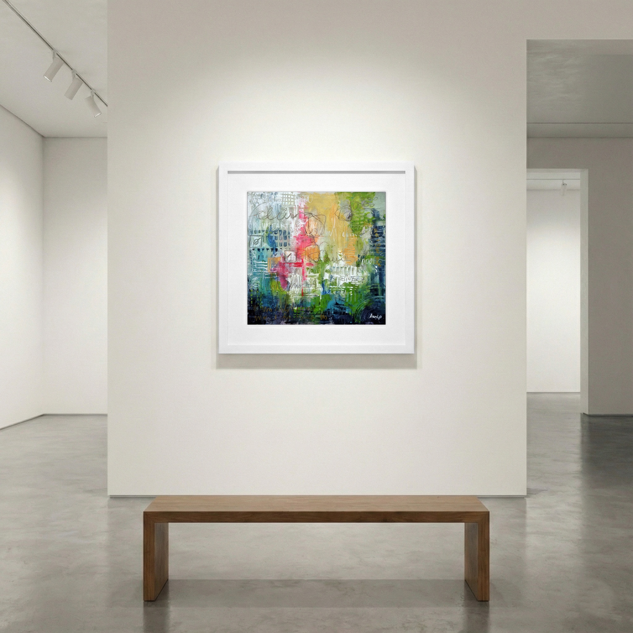 Vibrant Green and Yellow Abstract on Linen — art on the wall, room interior preview 1