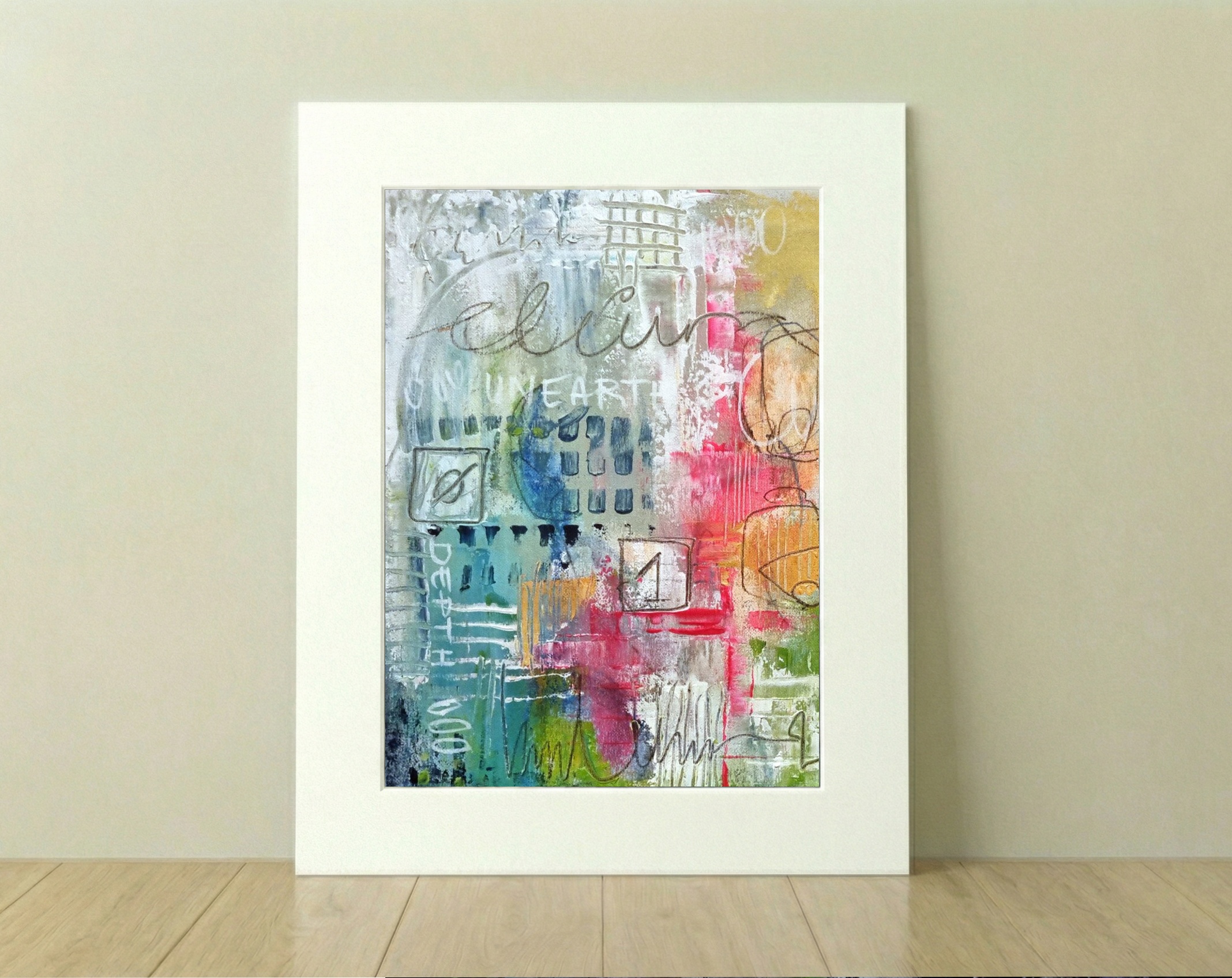 Vibrant Green and Yellow Abstract on Linen — art on the wall, room interior preview 2