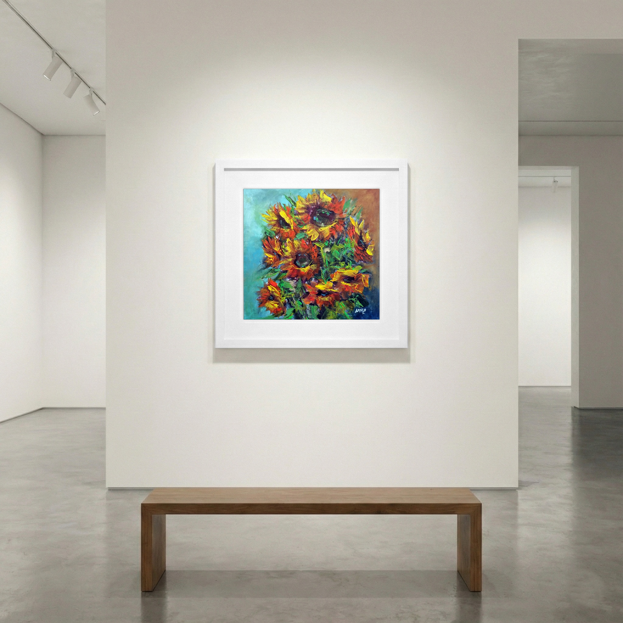 Golden Yellow Sunflowers in Acrylic — art on the wall, room interior preview 1