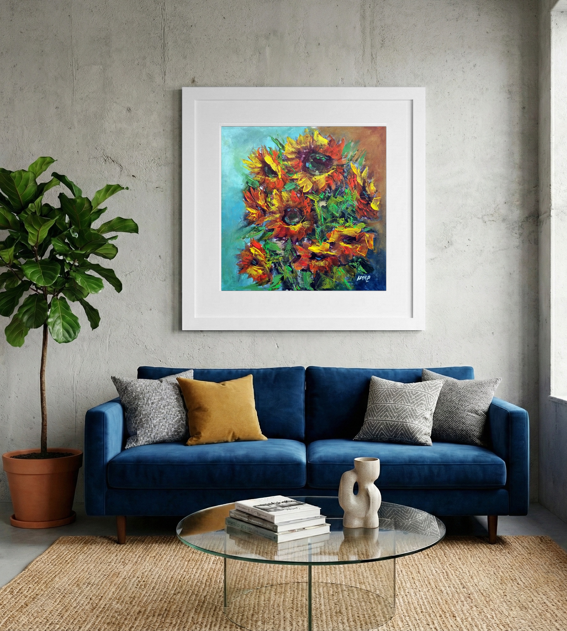 Golden Yellow Sunflowers in Acrylic — art on the wall, room interior preview 2