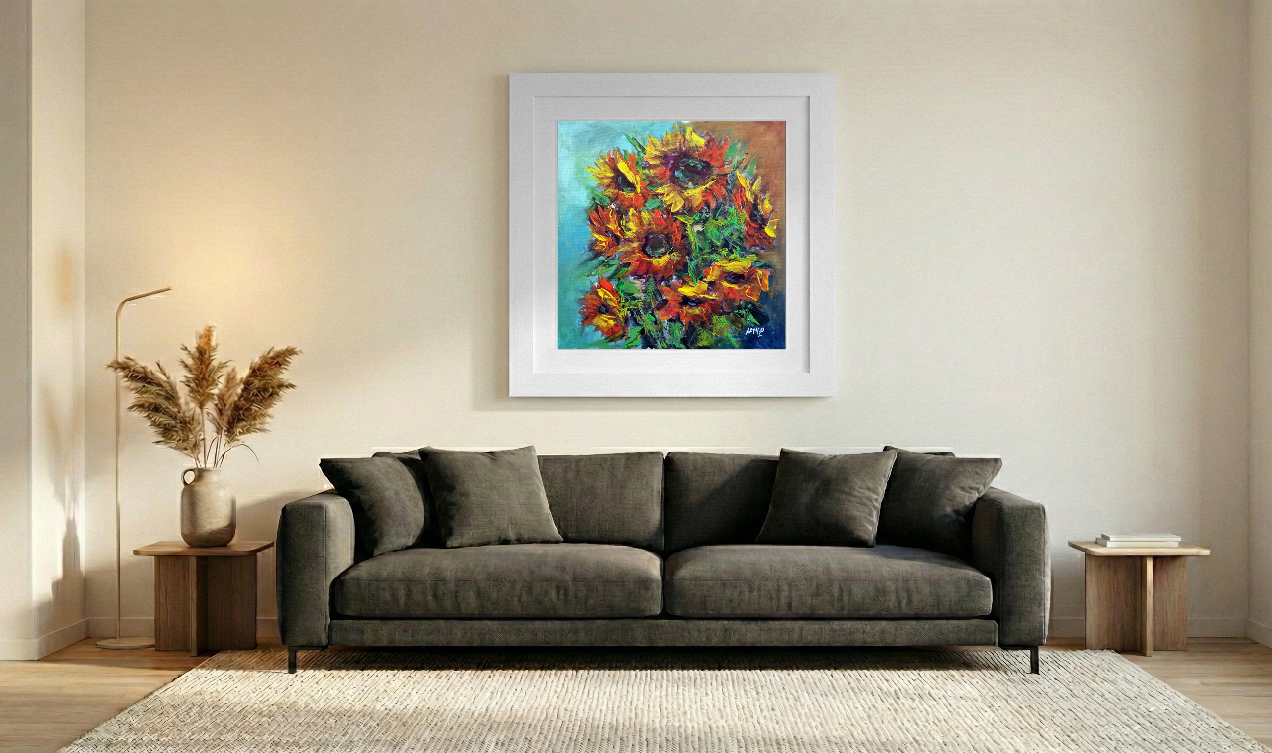 Golden Yellow Sunflowers in Acrylic — art on the wall, room interior preview 3