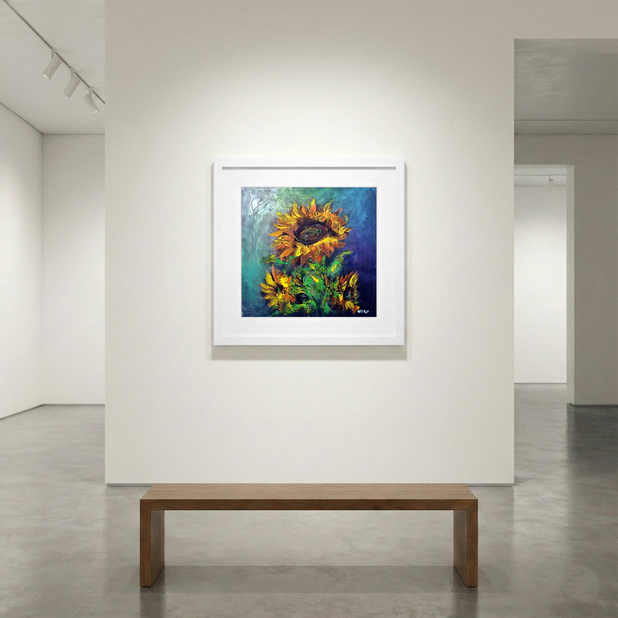 Golden Yellow Sunflowers in Deep Teal — art on the wall, room interior preview 1