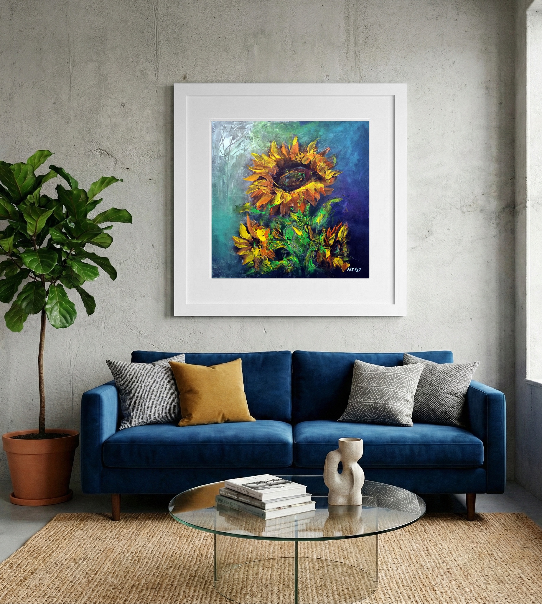 Golden Yellow Sunflowers in Deep Teal — art on the wall, room interior preview 2