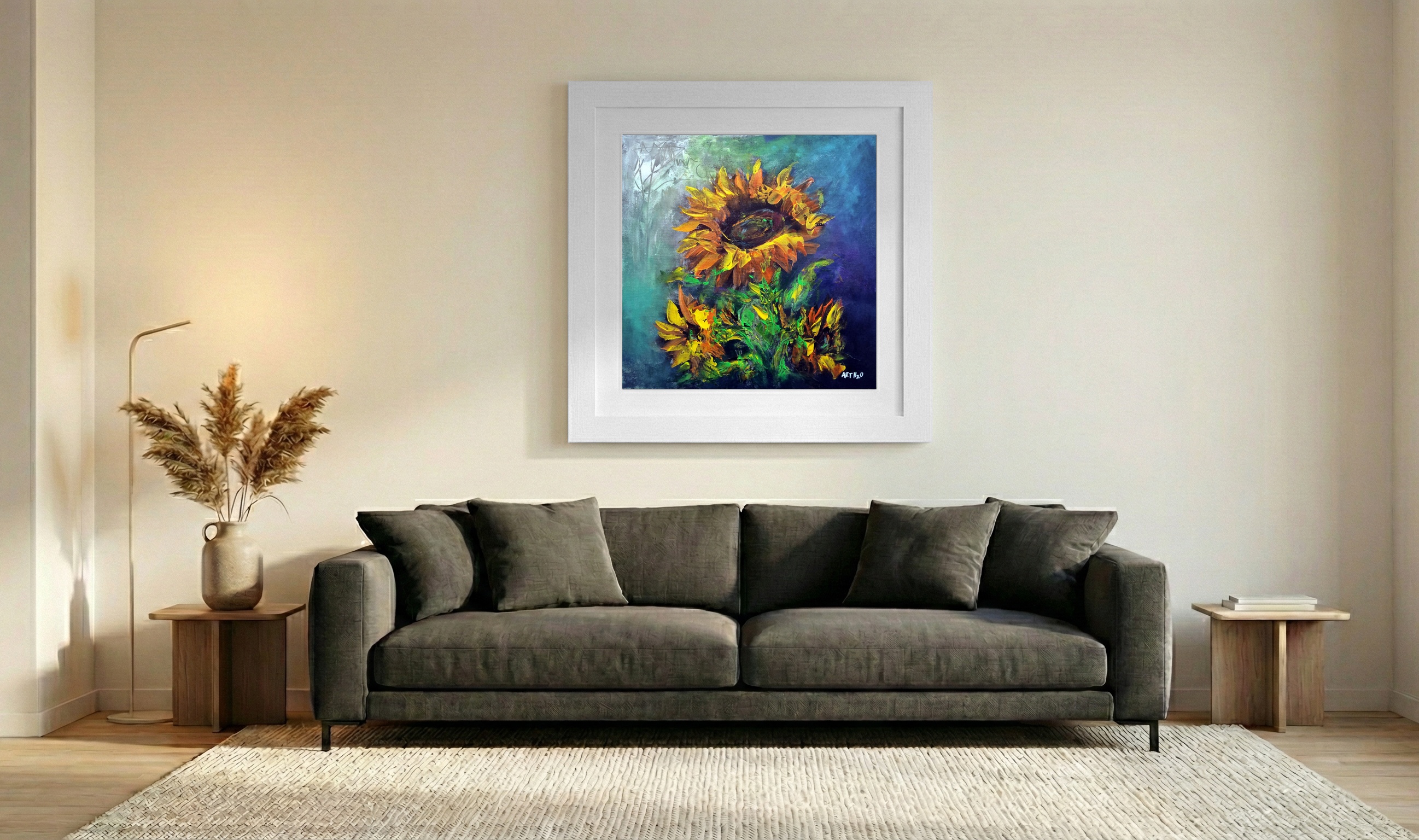 Golden Yellow Sunflowers in Deep Teal — art on the wall, room interior preview 3