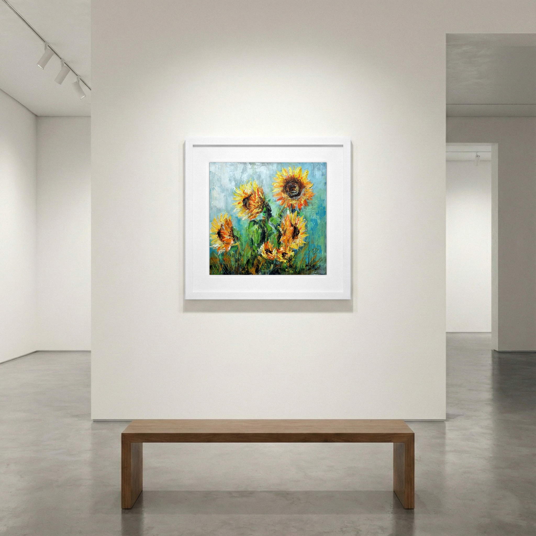 Sunny Yellow Sunflowers on Linen Canvas — art on the wall, room interior preview 1