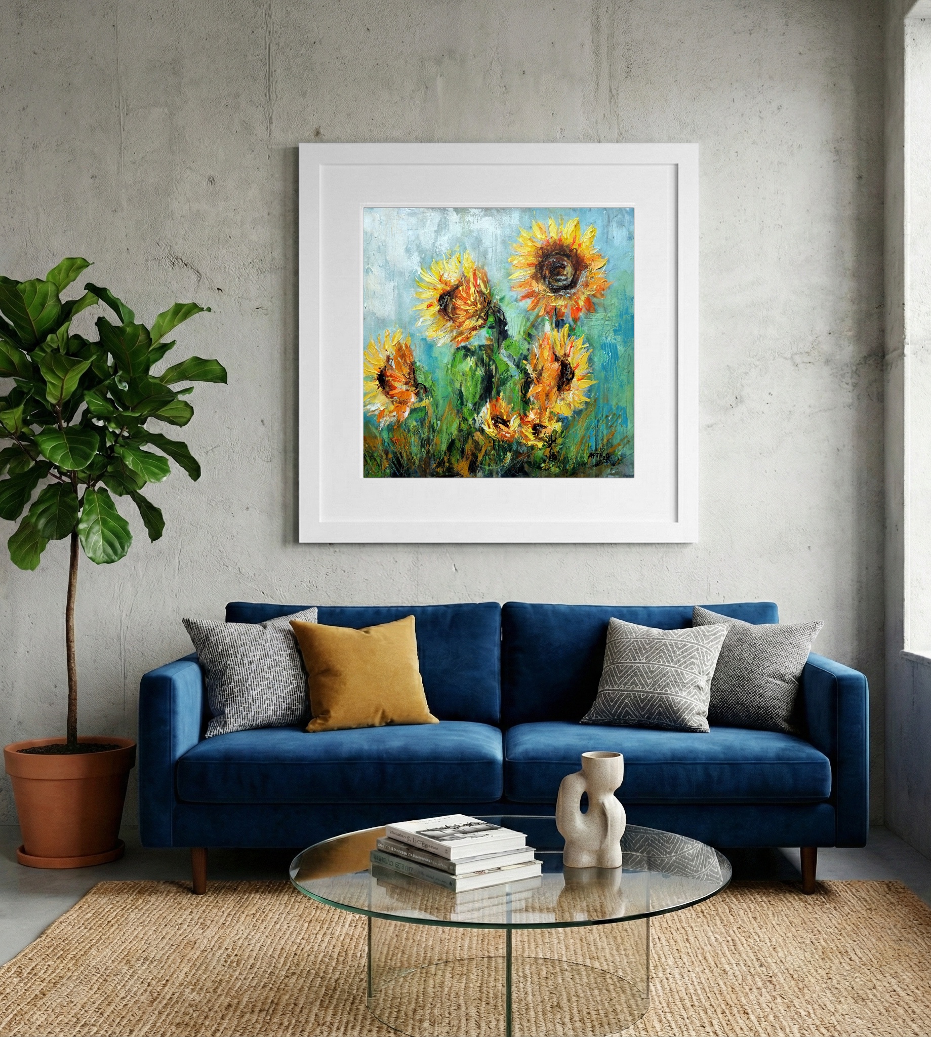 Sunny Yellow Sunflowers on Linen Canvas — art on the wall, room interior preview 2