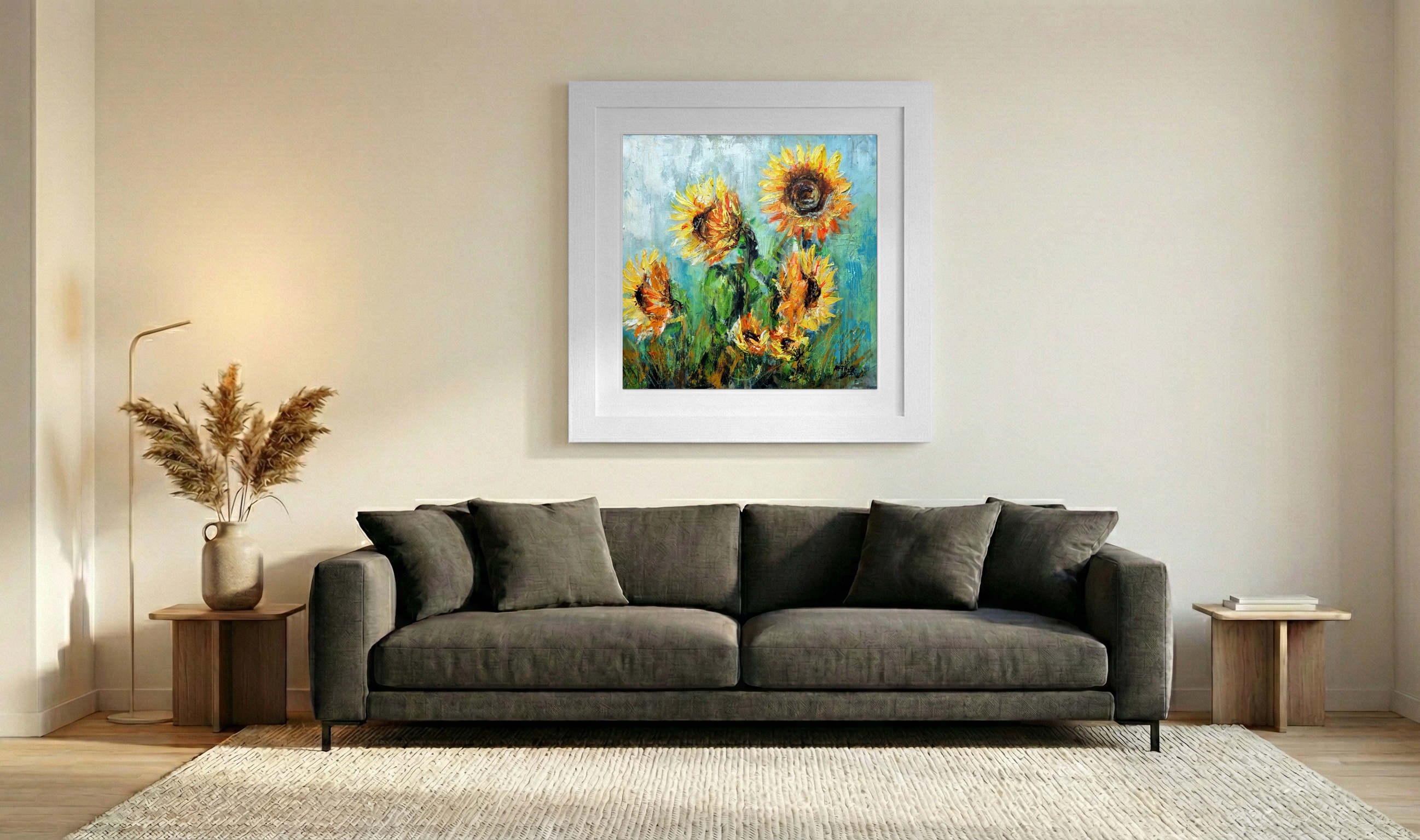 Sunny Yellow Sunflowers on Linen Canvas — art on the wall, room interior preview 3