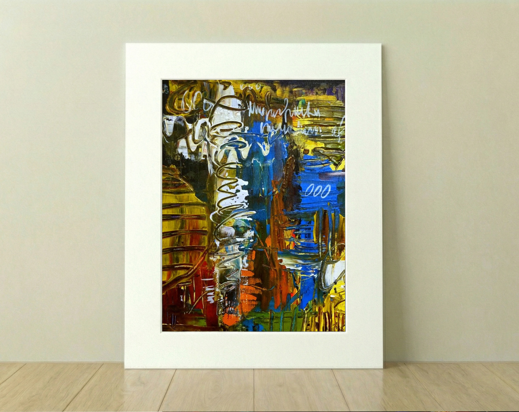 Golden Yellow and Deep Blue Acrylic Abstract — art on the wall, room interior preview 1