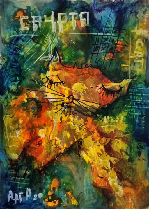 Click to view in high resolution Neon Green Cat in a Digital Dream