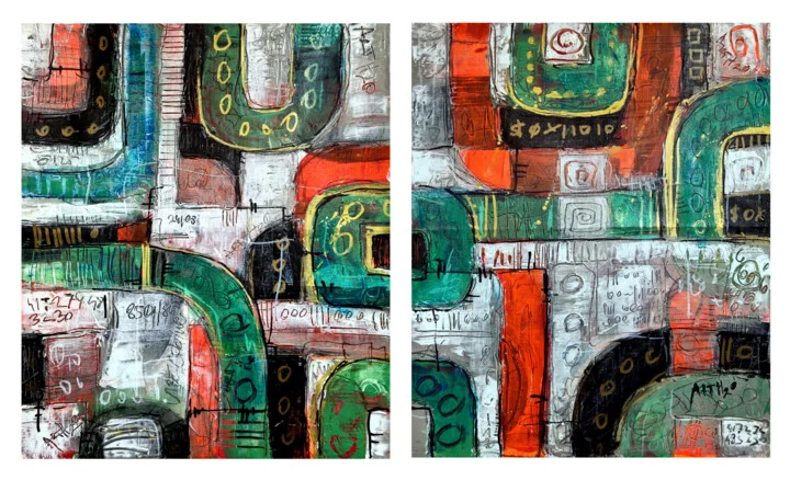 Click to view in high resolution Emerald Teal and Rust Urban Circuitry Diptych