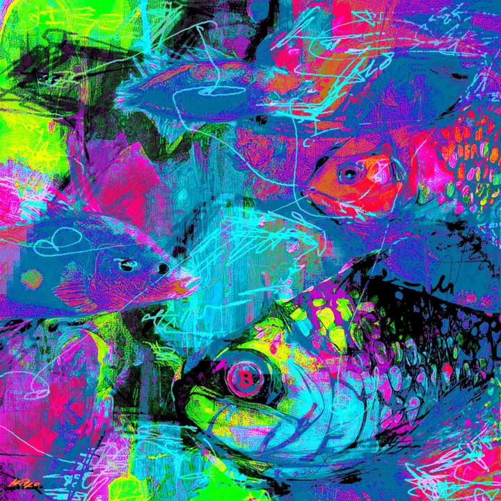 Click to view in high resolution Neon Blue and Pink Fish Amidst Turbulent Sea