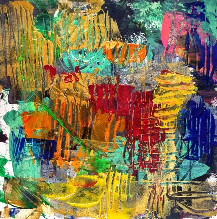 Click to view in high resolution Vibrant Urban Nightscape in Reds and Golds