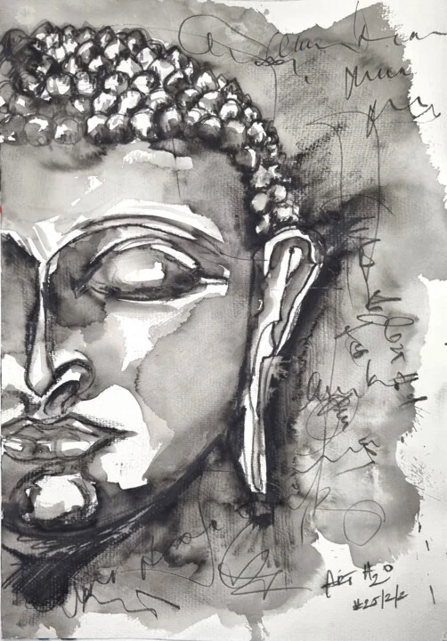 Click to view in high resolution Monochrome Ink Buddha Portrait