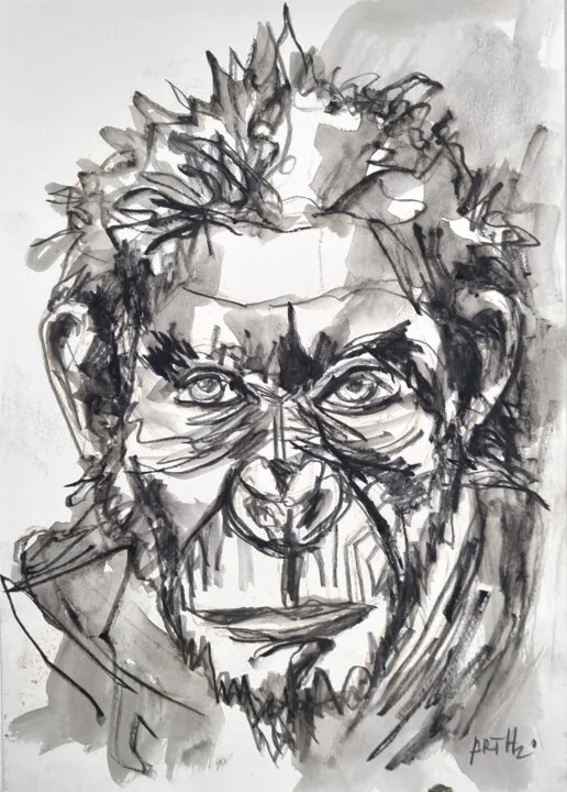 Click to view in high resolution Ink and Charcoal Ape Portrait