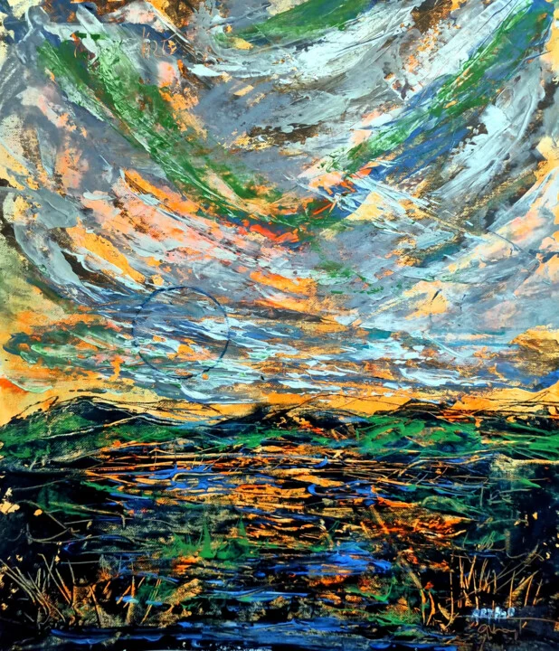 Click to view in high resolution Dynamic Green and Orange Vortex on Canvas