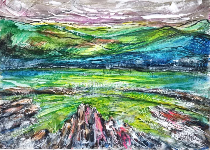 Click to view in high resolution Lush Green and Mauve Irish Landscape on Paper