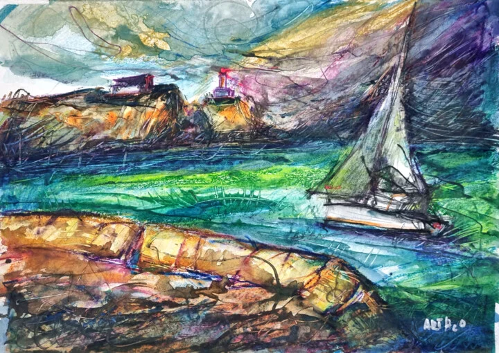 Click to view in high resolution Dún Laoghaire Coastline and Sailboat on Paper