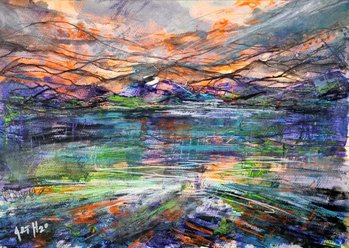 Click to view in high resolution Fiery Sky Over Water Reflection on Paper