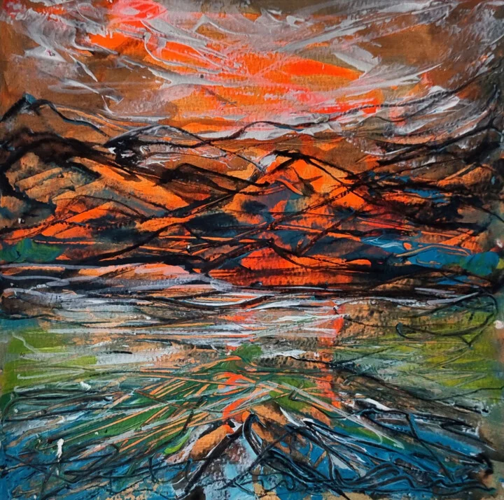 Click to view in high resolution Burnt Orange and Green Abstract Mountain Scene